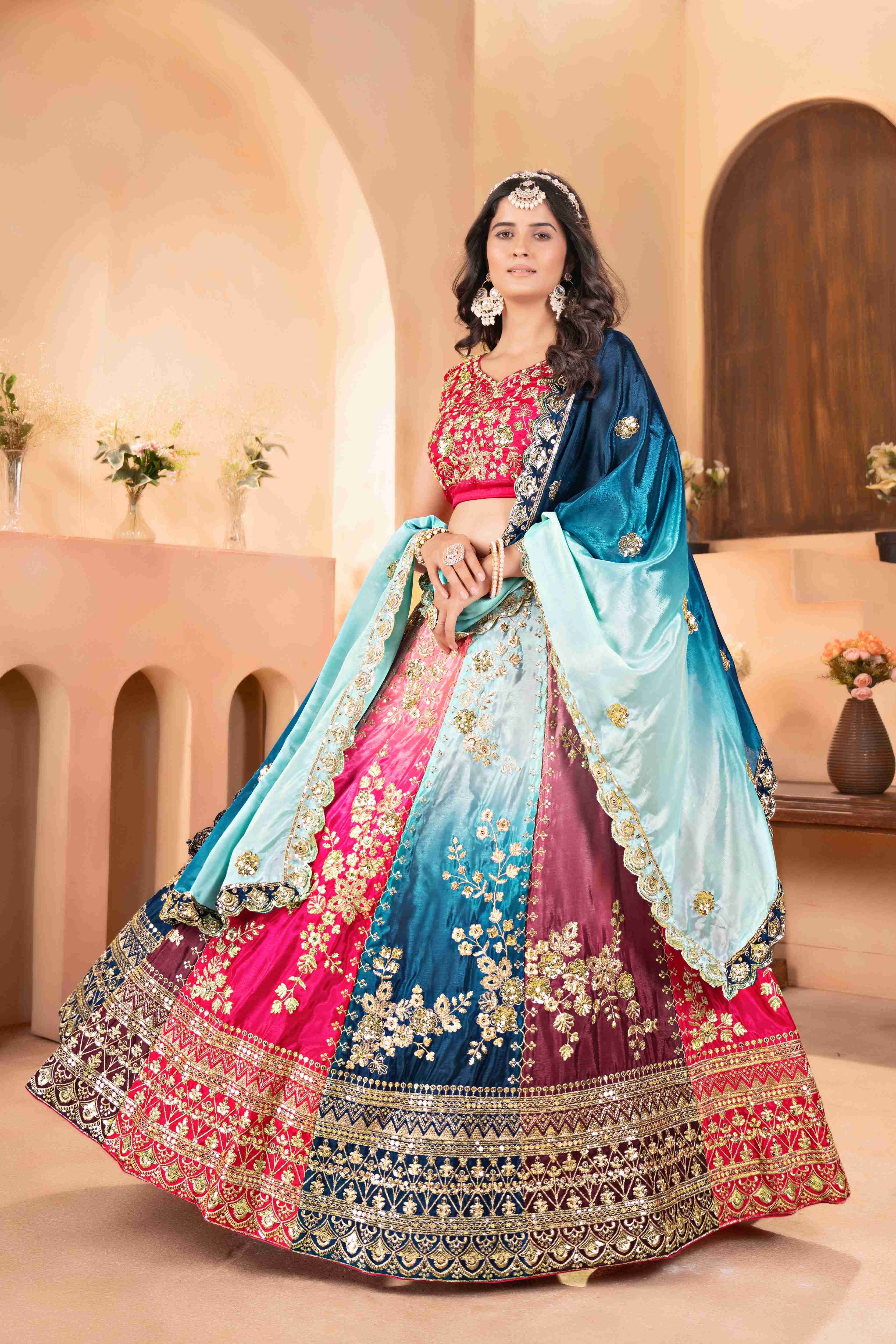 Impressive Multicolor Chinon Pedding Embroidery Sequence Designer Bridal Wear Lehenga Choli With Dupattta