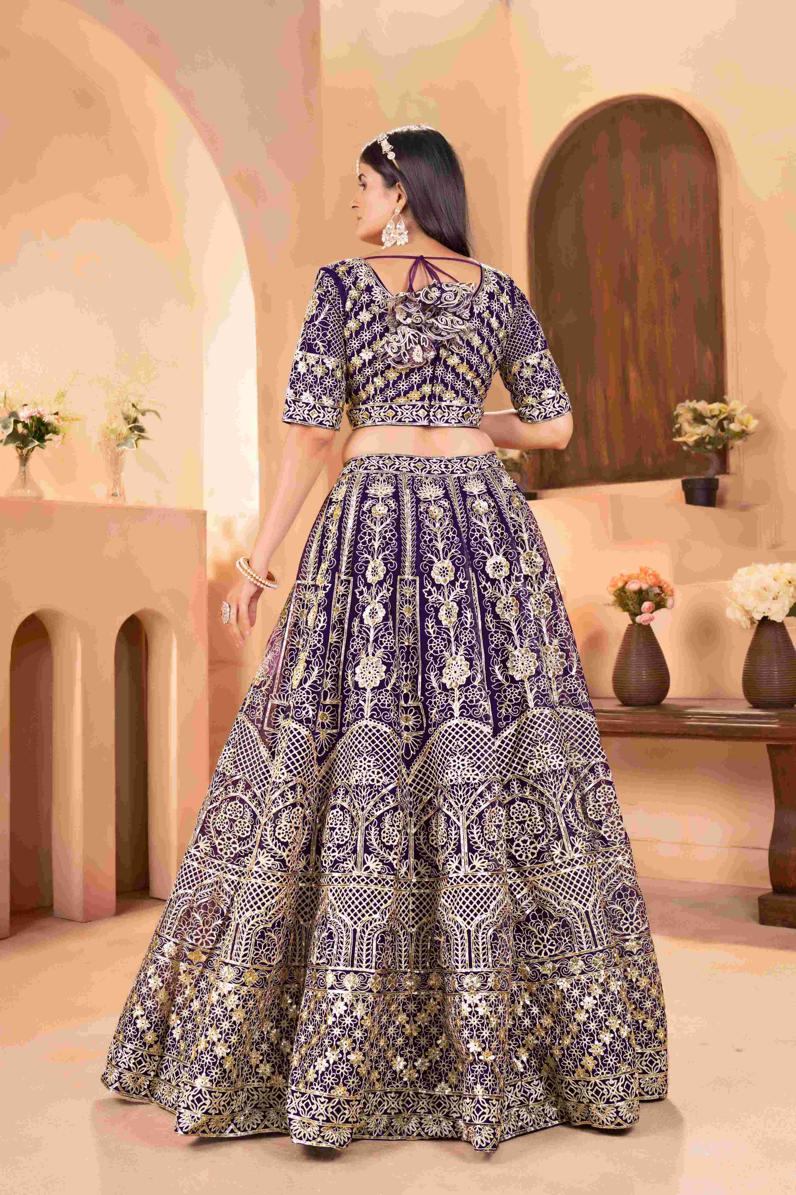 Majestic Purple Embroidered Sequence Designer Bridal Wear Lehenega Choli With Dupatta