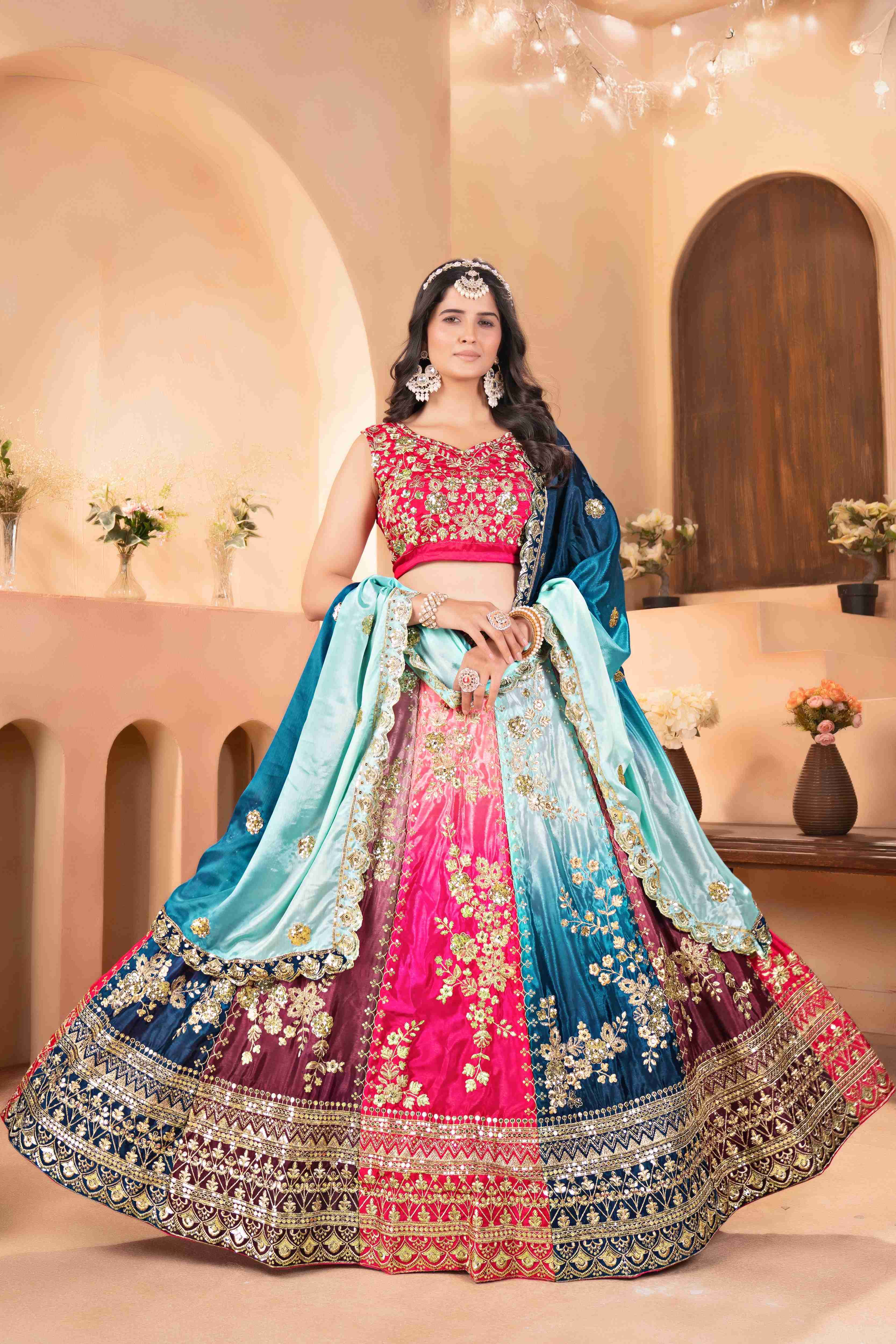 Impressive Multicolor Chinon Pedding Embroidery Sequence Designer Bridal Wear Lehenga Choli With Dupattta