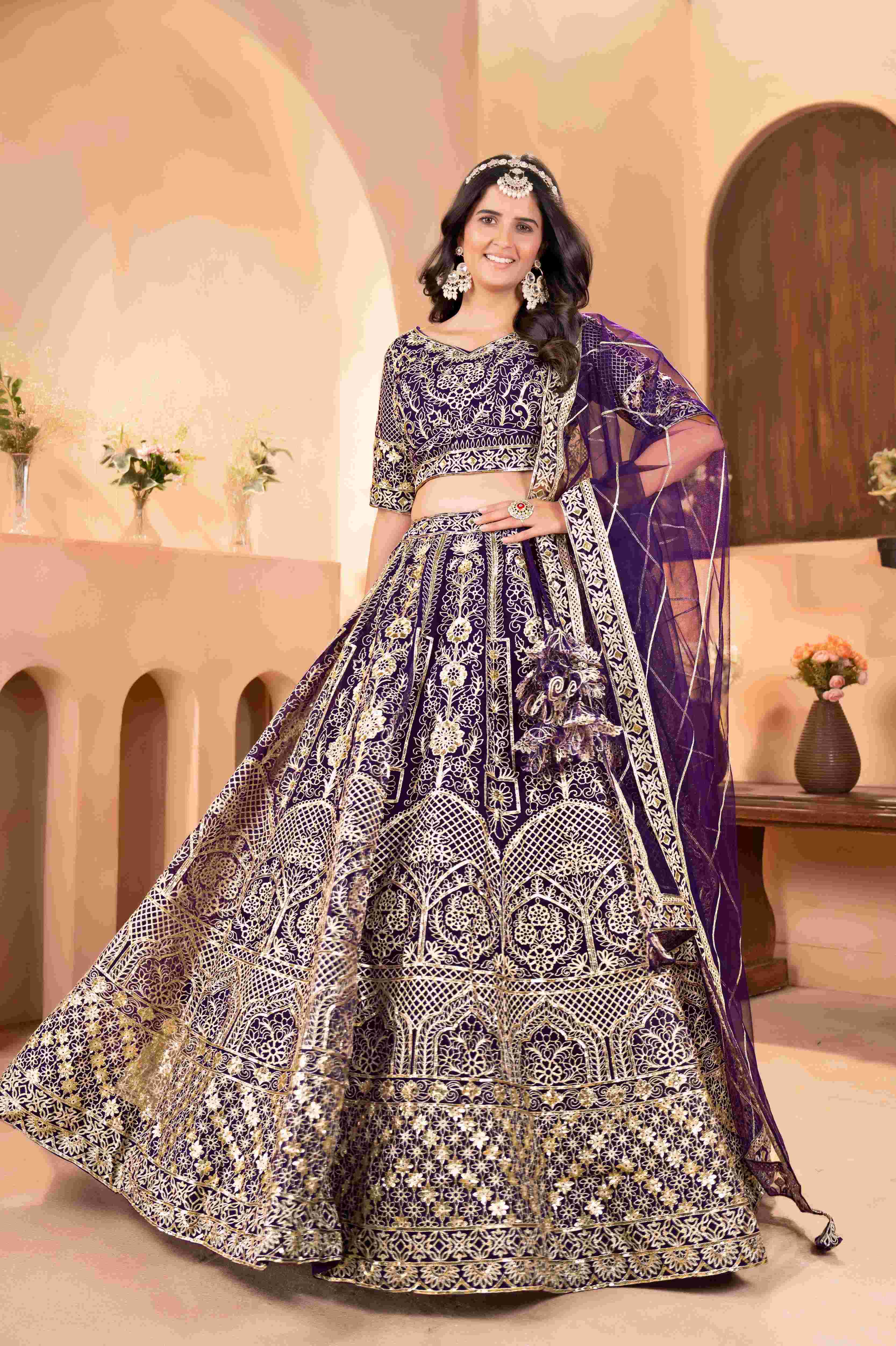 Majestic Purple Embroidered Sequence Designer Bridal Wear Lehenega Choli With Dupatta