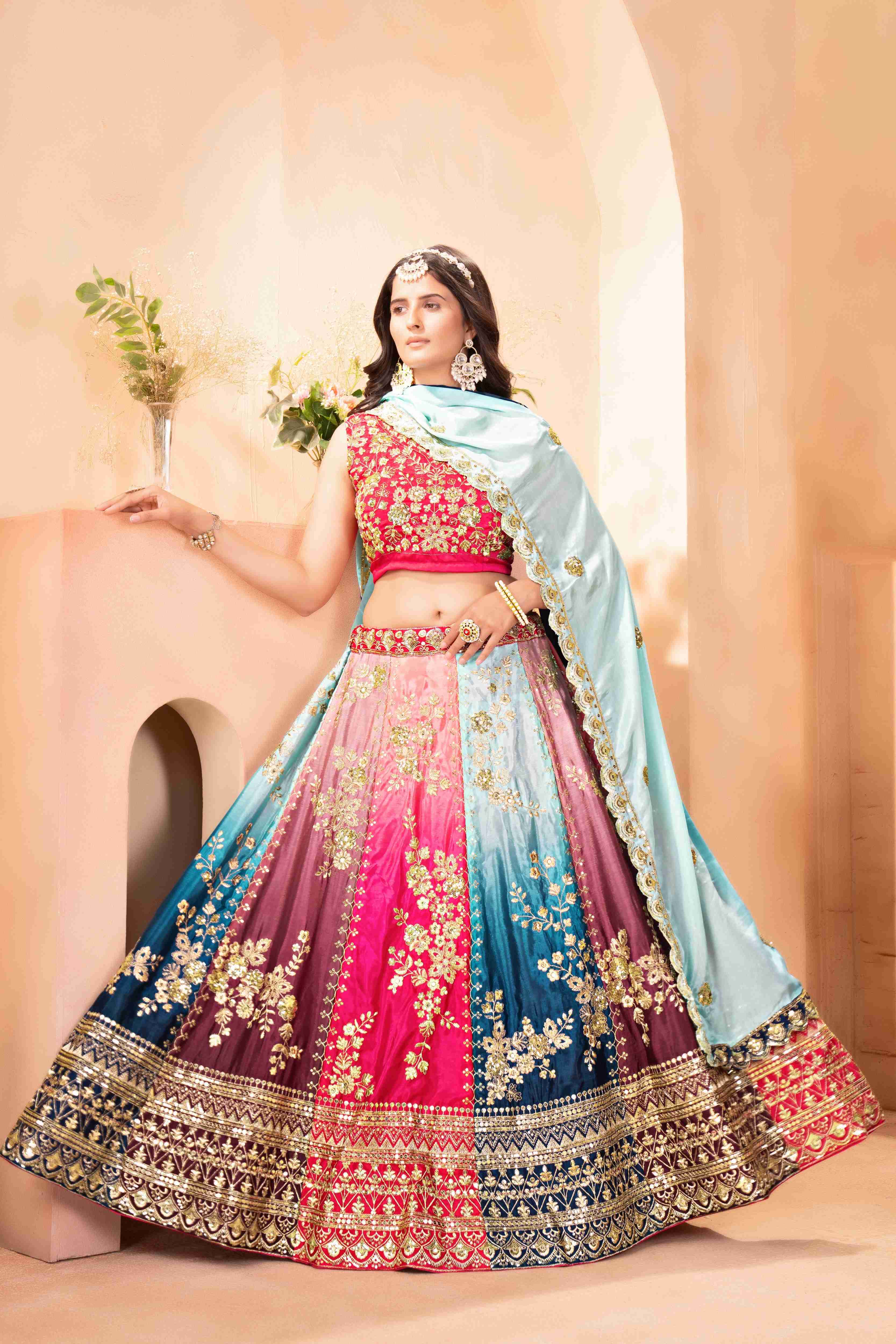 Impressive Multicolor Chinon Pedding Embroidery Sequence Designer Bridal Wear Lehenga Choli With Dupattta