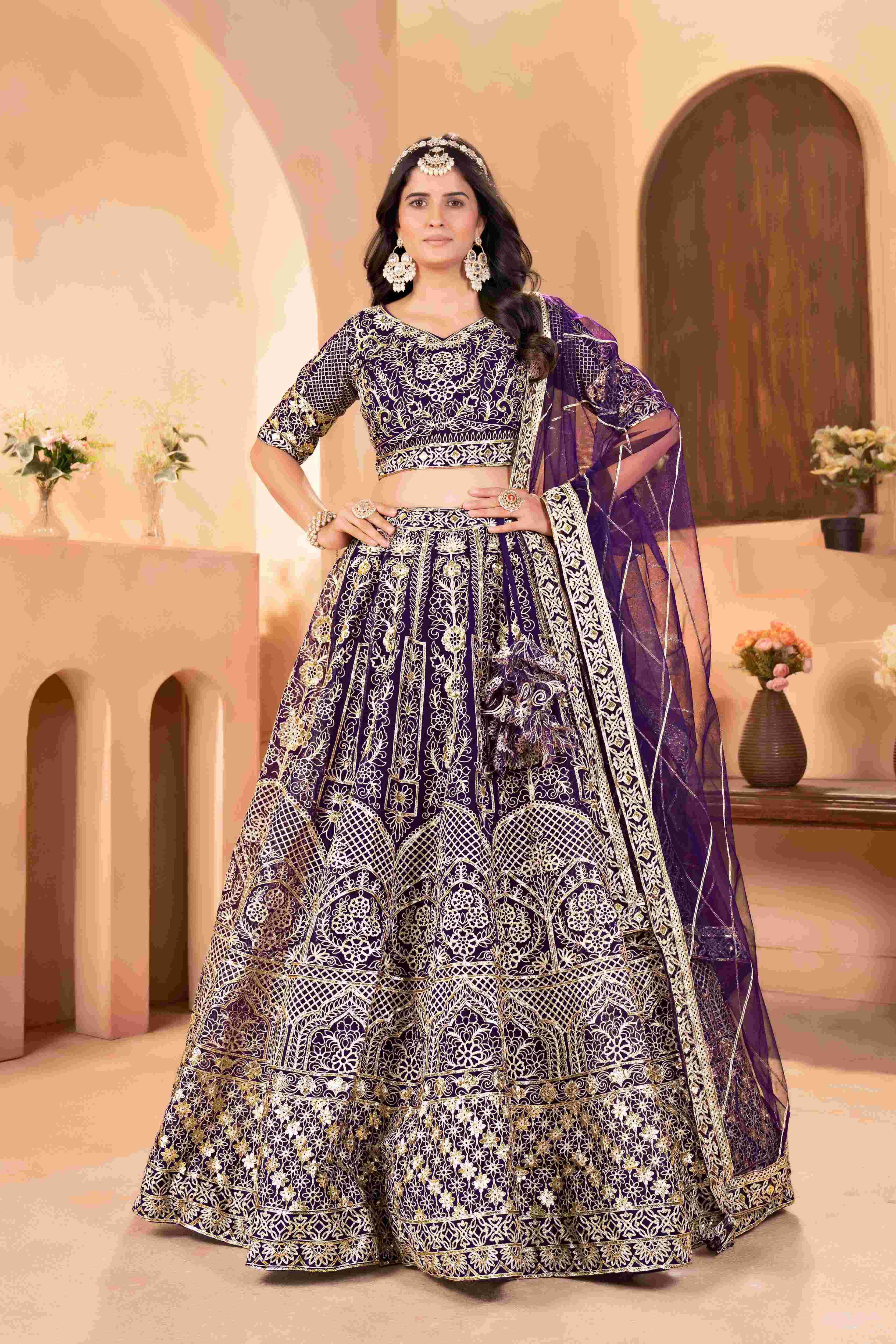 Majestic Purple Embroidered Sequence Designer Bridal Wear Lehenega Choli With Dupatta