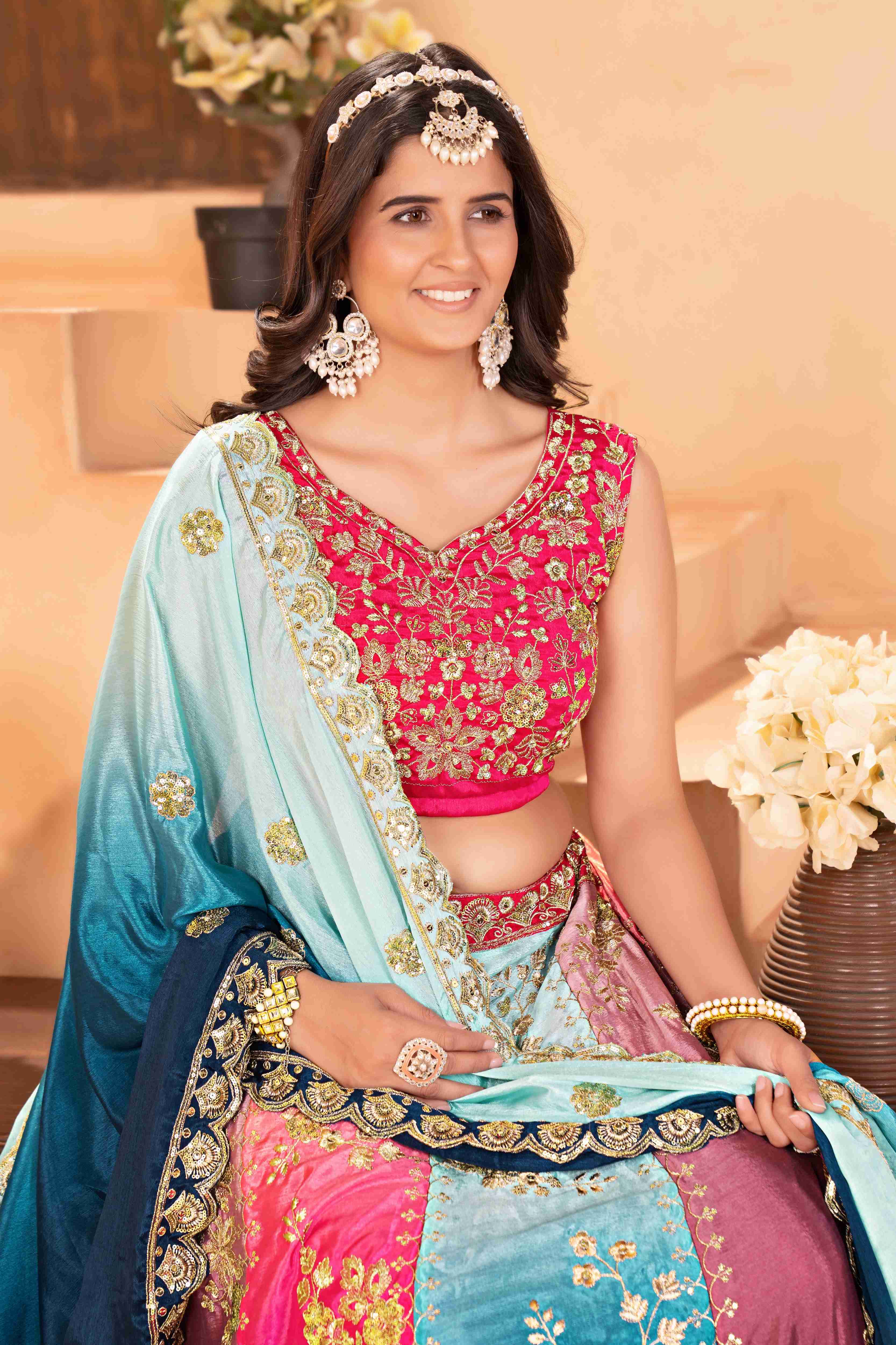 Impressive Multicolor Chinon Pedding Embroidery Sequence Designer Bridal Wear Lehenga Choli With Dupattta