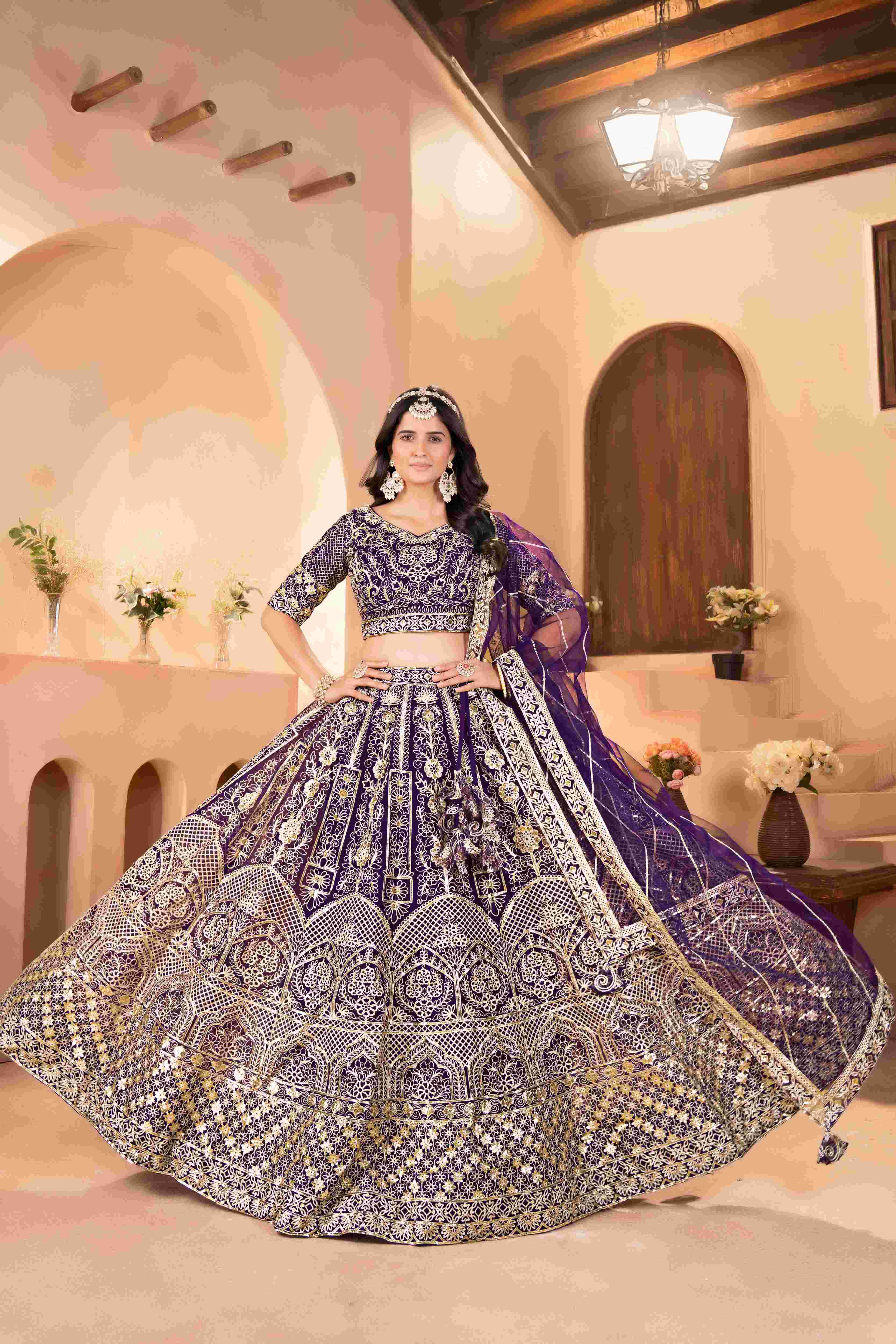 Majestic Purple Embroidered Sequence Designer Bridal Wear Lehenega Choli With Dupatta