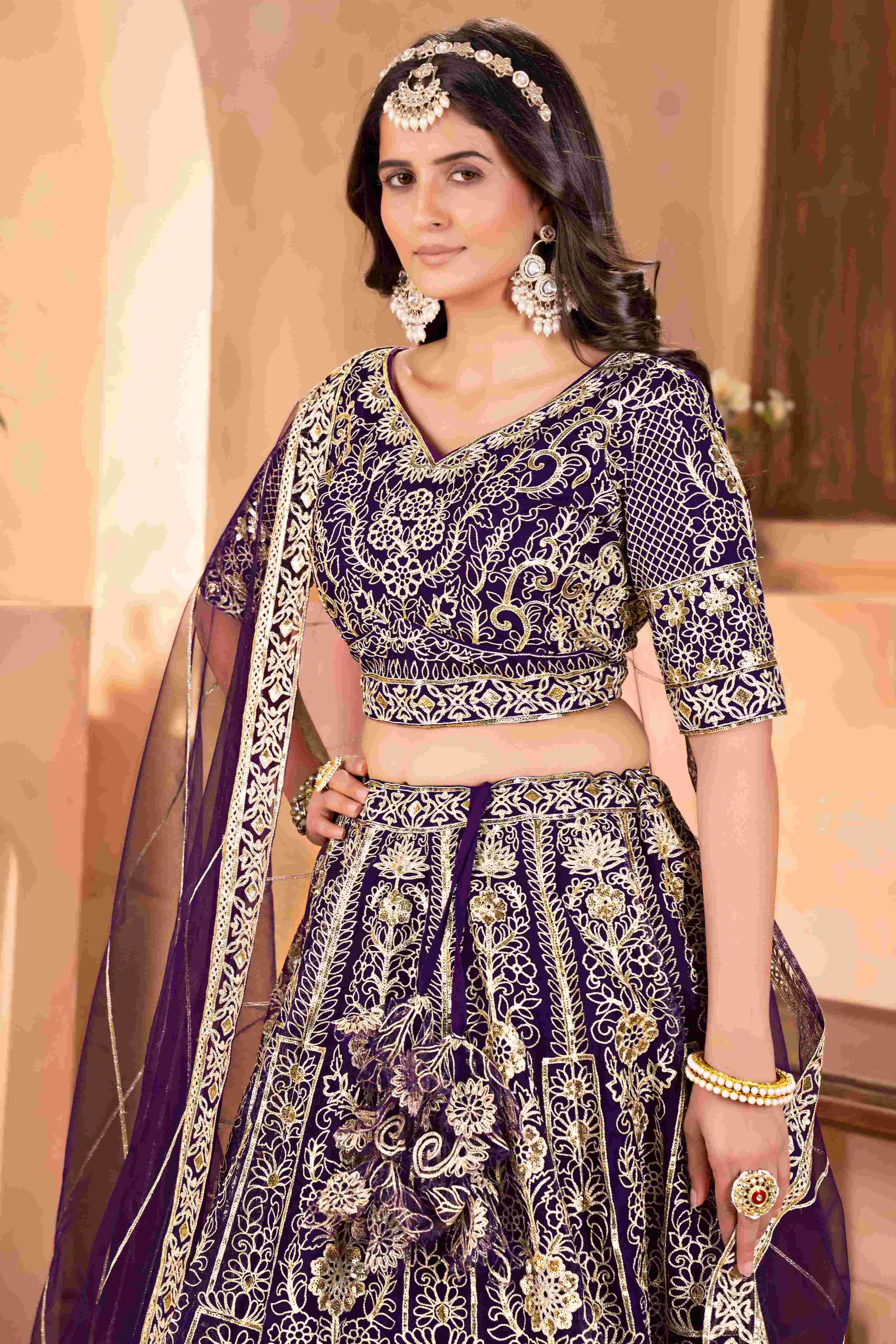 Majestic Purple Embroidered Sequence Designer Bridal Wear Lehenega Choli With Dupatta