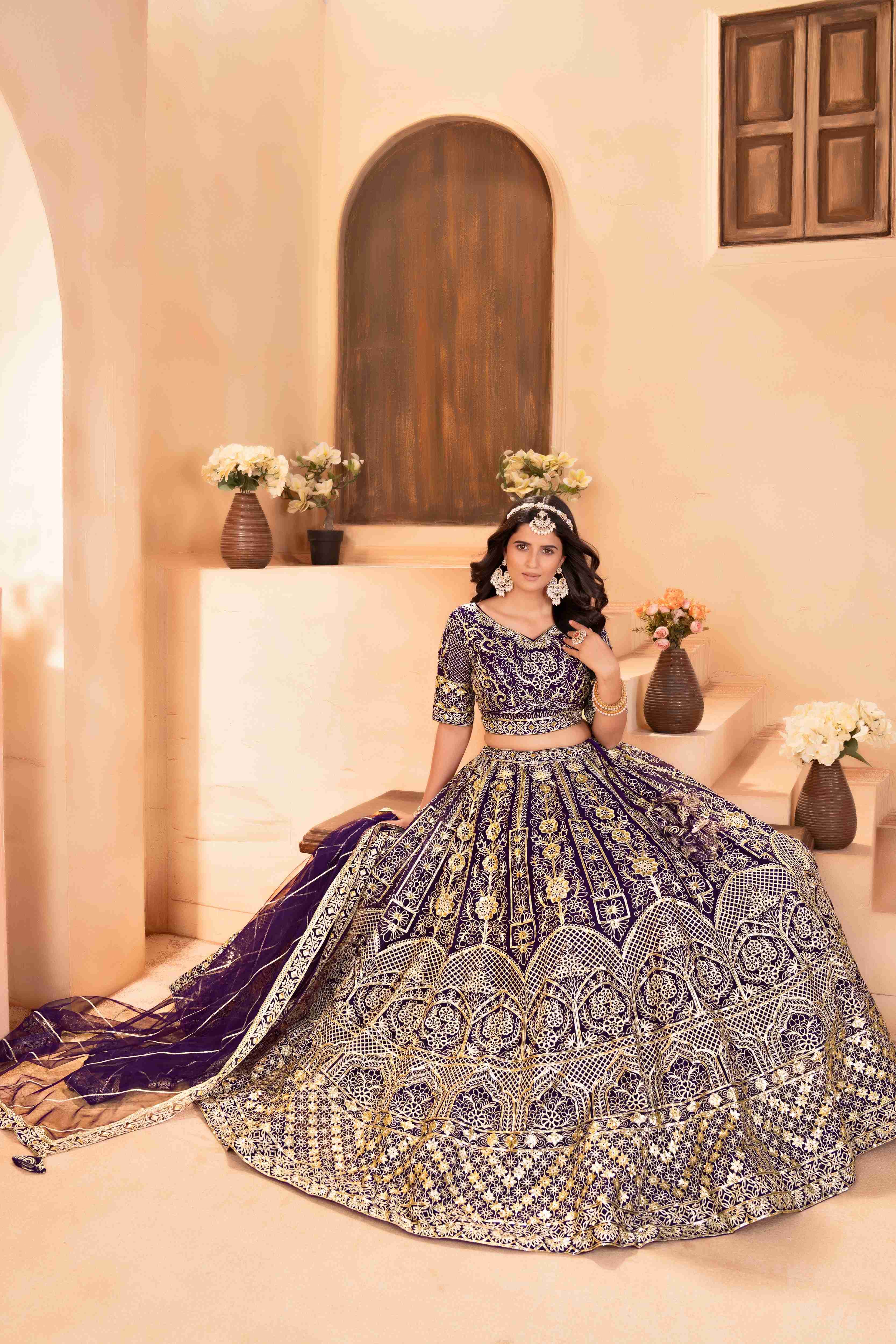 Majestic Purple Embroidered Sequence Designer Bridal Wear Lehenega Choli With Dupatta