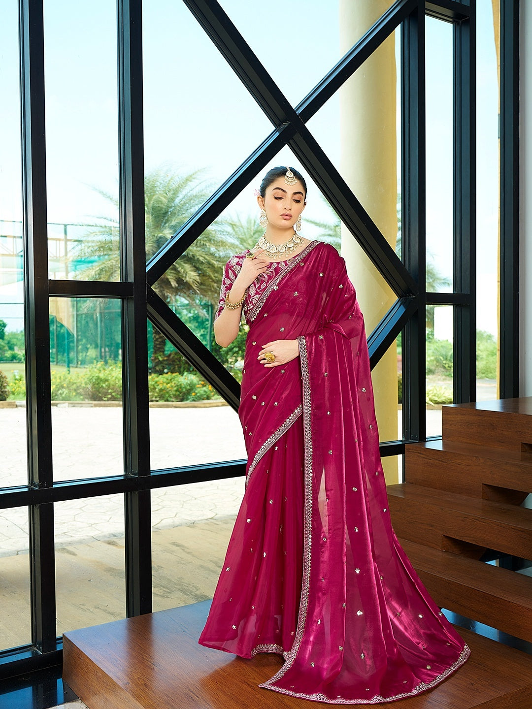 Royalty Embellished Wine Jimmy Choo Embroidered Sequence Thread Party Wear Saree With Blouse