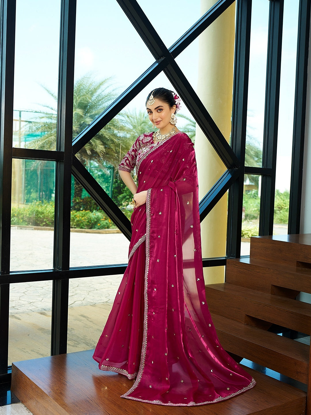 Royalty Embellished Wine Jimmy Choo Embroidered Sequence Thread Party Wear Saree With Blouse