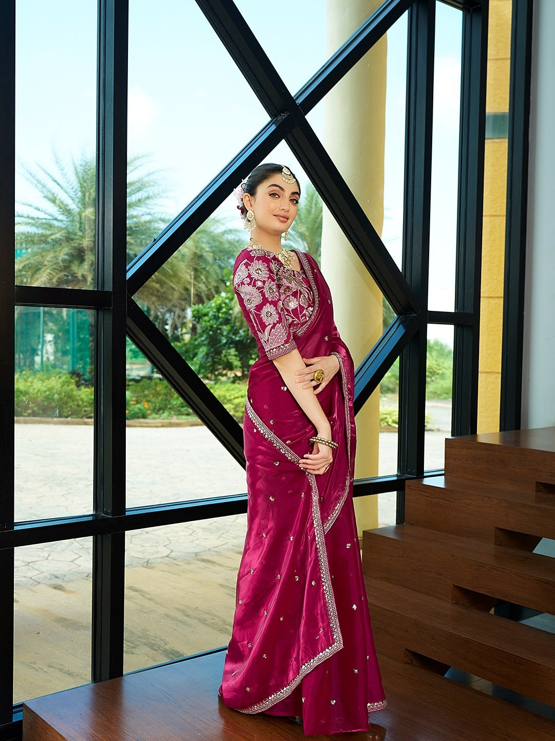 Royalty Embellished Wine Jimmy Choo Embroidered Sequence Thread Party Wear Saree With Blouse