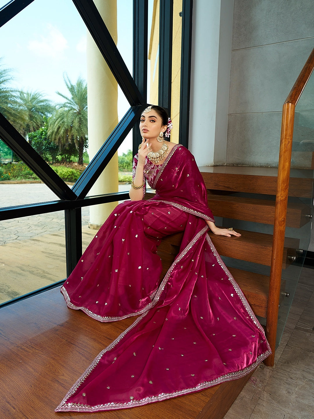 Royalty Embellished Wine Jimmy Choo Embroidered Sequence Thread Party Wear Saree With Blouse