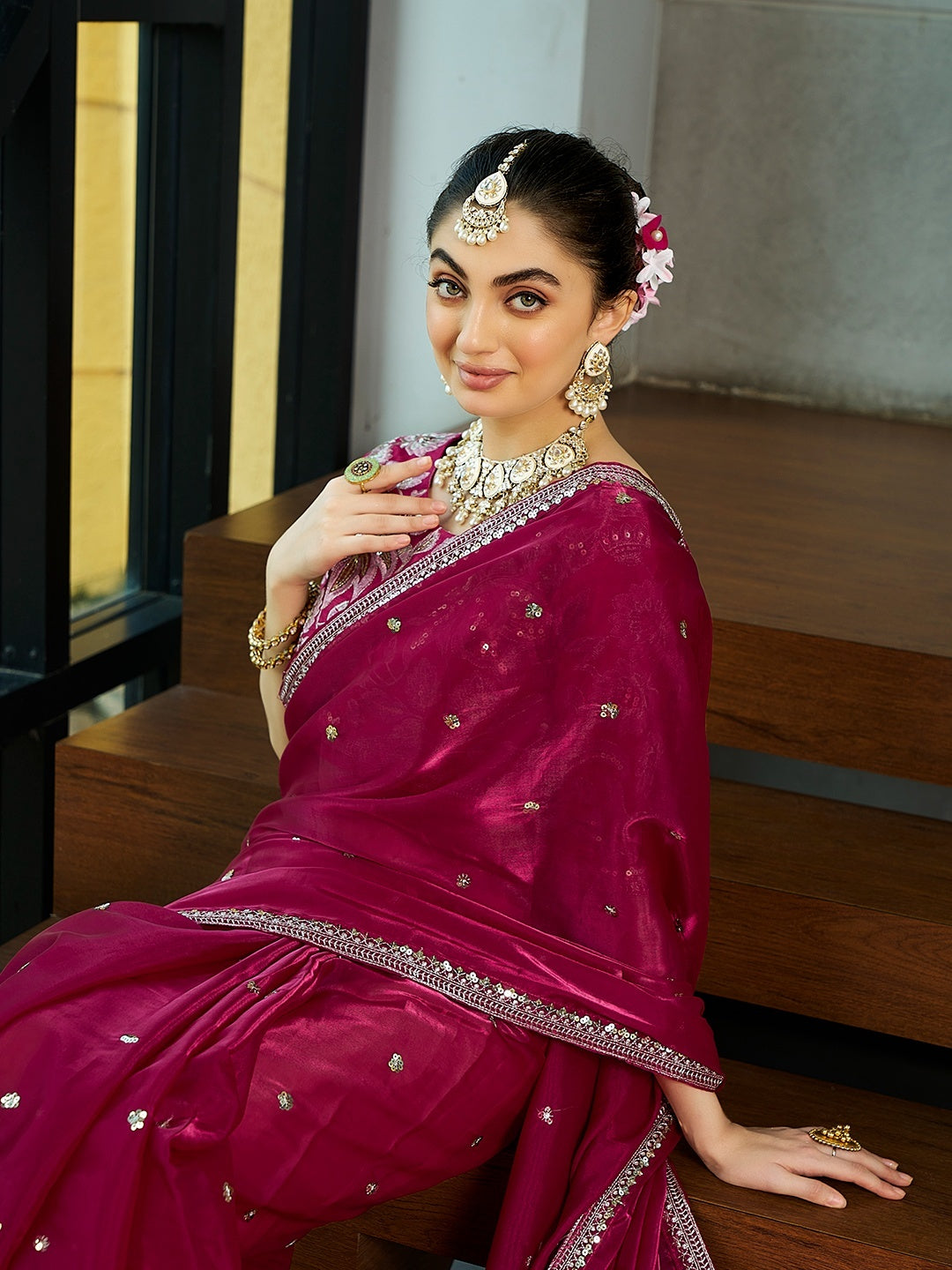 Royalty Embellished Wine Jimmy Choo Embroidered Sequence Thread Party Wear Saree With Blouse