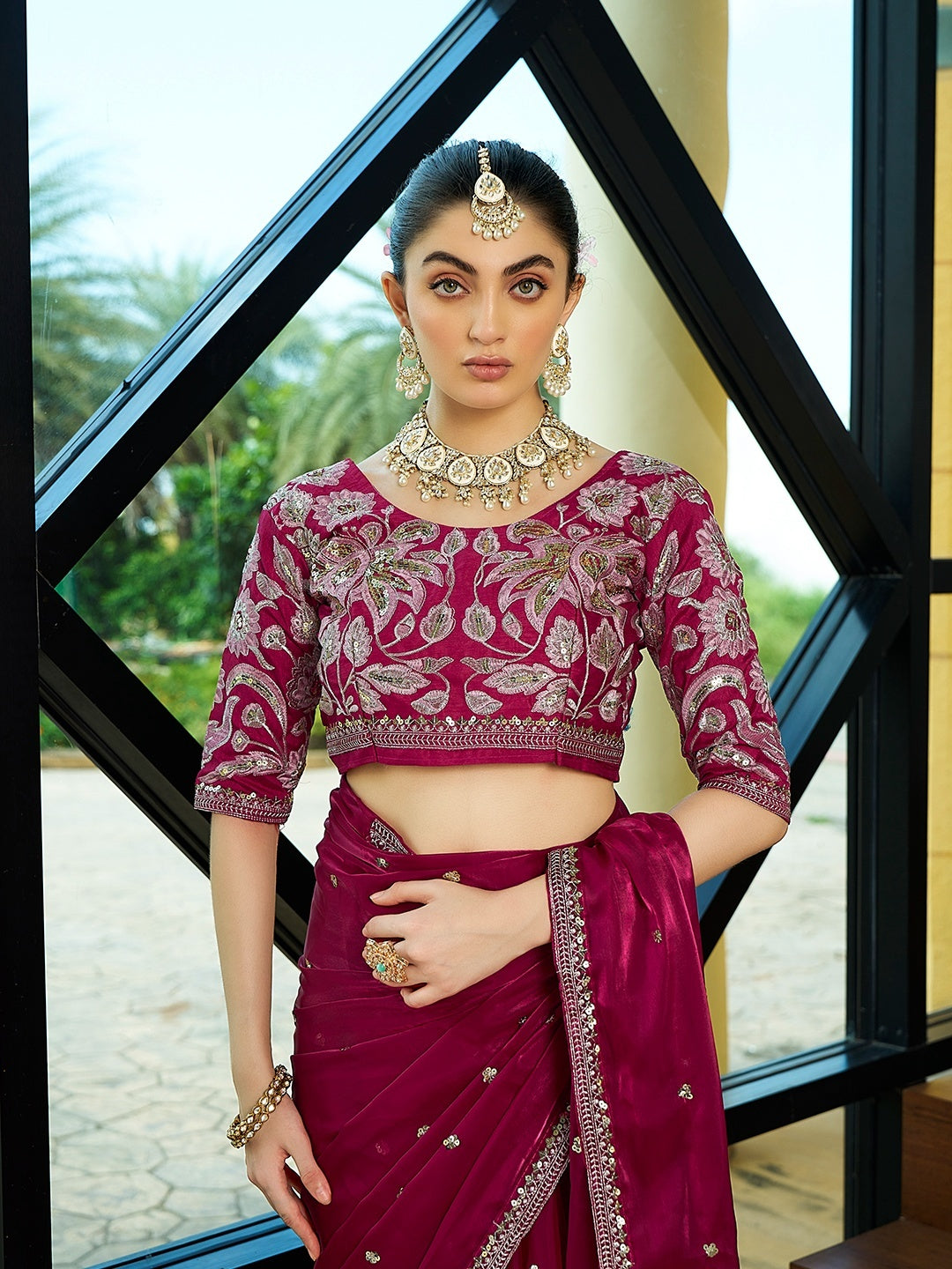 Royalty Embellished Wine Jimmy Choo Embroidered Sequence Thread Party Wear Saree With Blouse