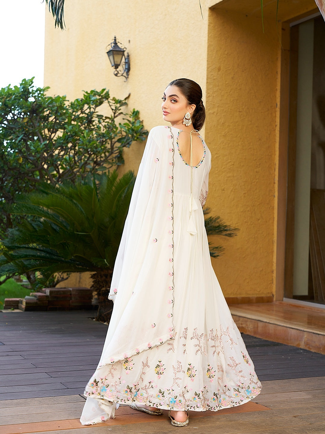 Pretty White Georgette Sequence Thread Designer Anarkali Gown Pant With Dupatta