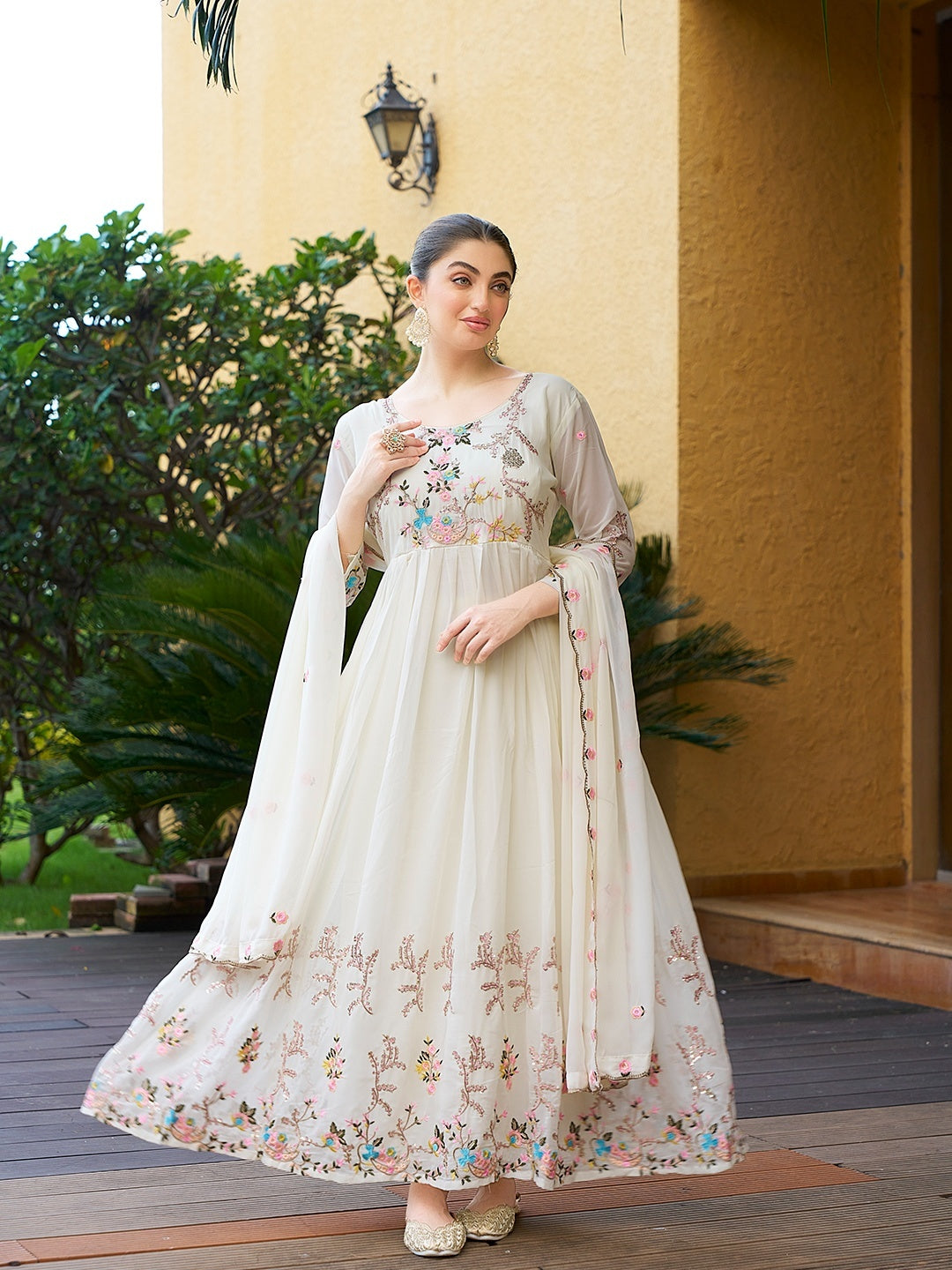 Pretty White Georgette Sequence Thread Designer Anarkali Gown Pant With Dupatta