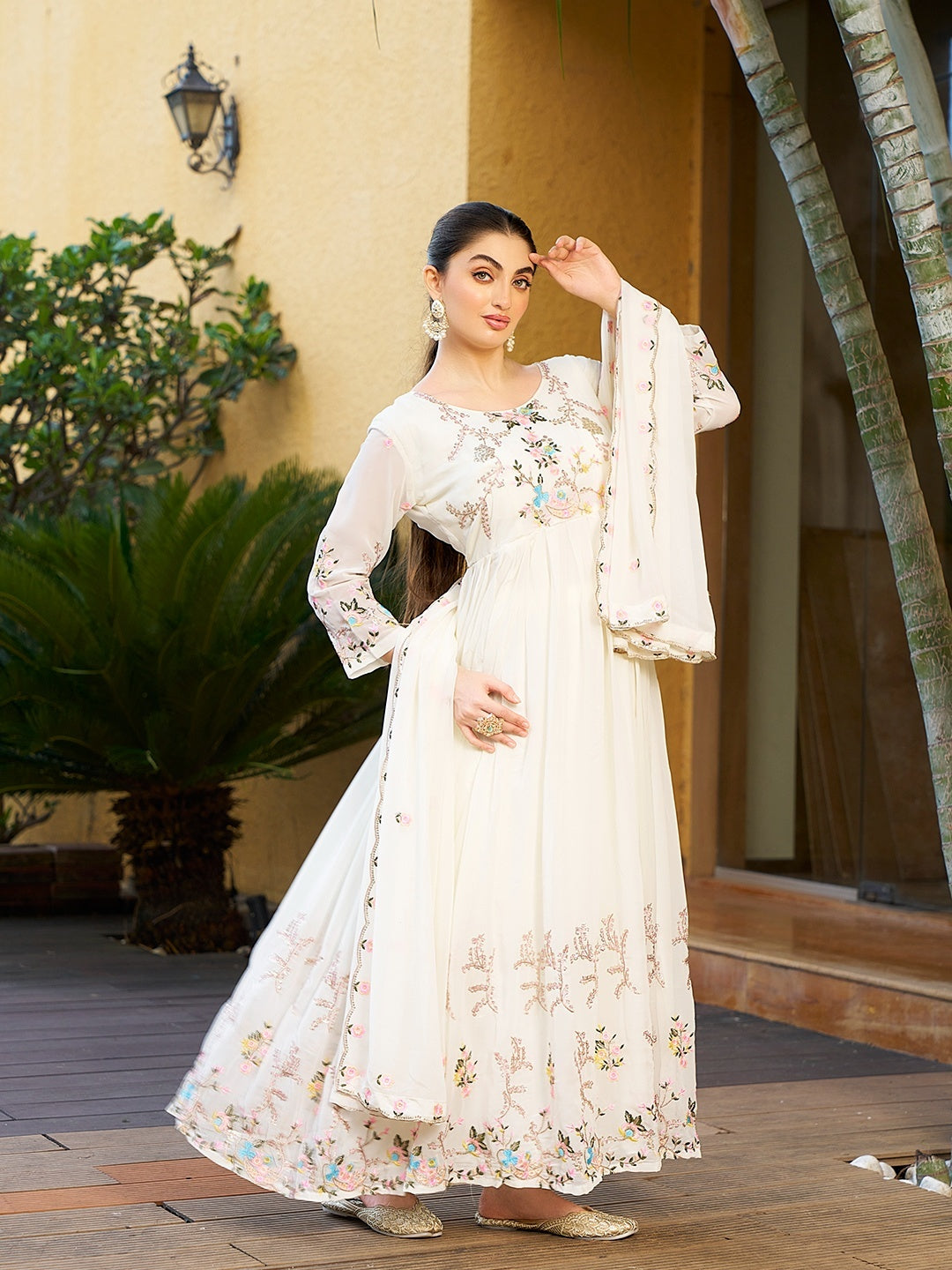 Pretty White Georgette Sequence Thread Designer Anarkali Gown Pant With Dupatta