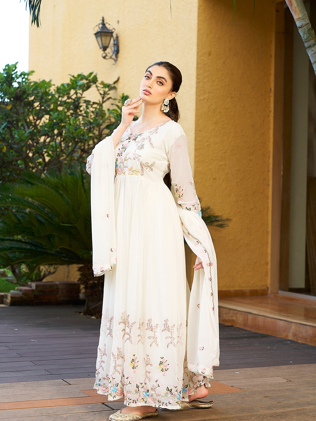 Pretty White Georgette Sequence Thread Designer Anarkali Gown Pant With Dupatta