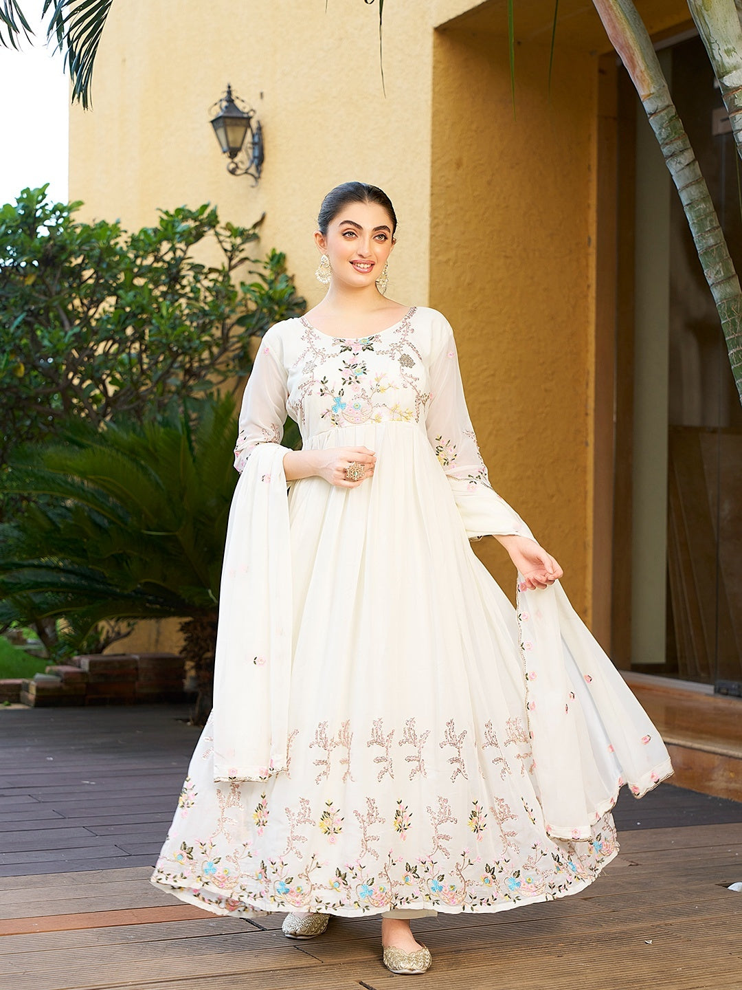 Pretty White Georgette Sequence Thread Designer Anarkali Gown Pant With Dupatta
