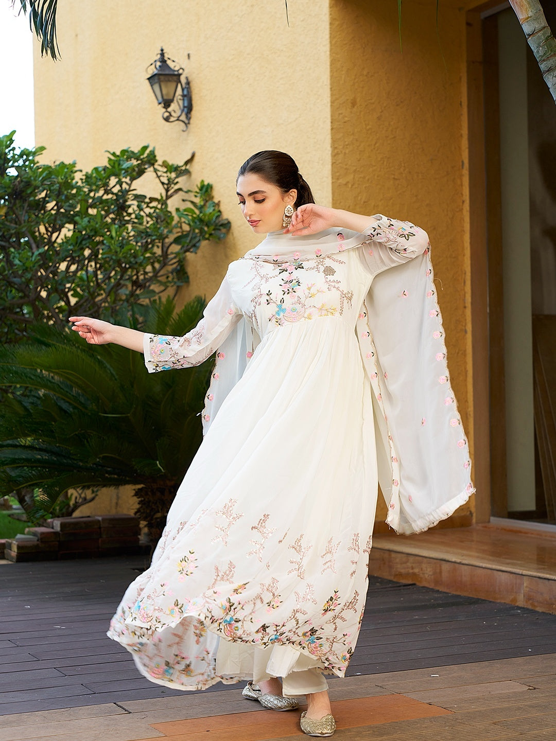 Pretty White Georgette Sequence Thread Designer Anarkali Gown Pant With Dupatta