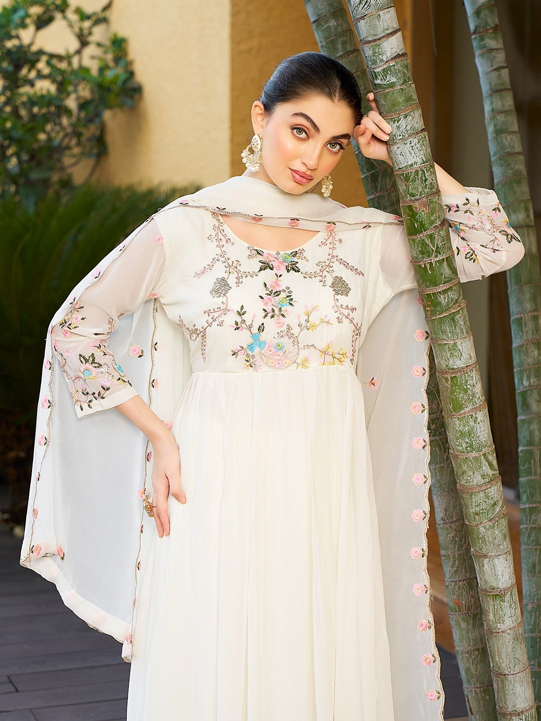 Pretty White Georgette Sequence Thread Designer Anarkali Gown Pant With Dupatta