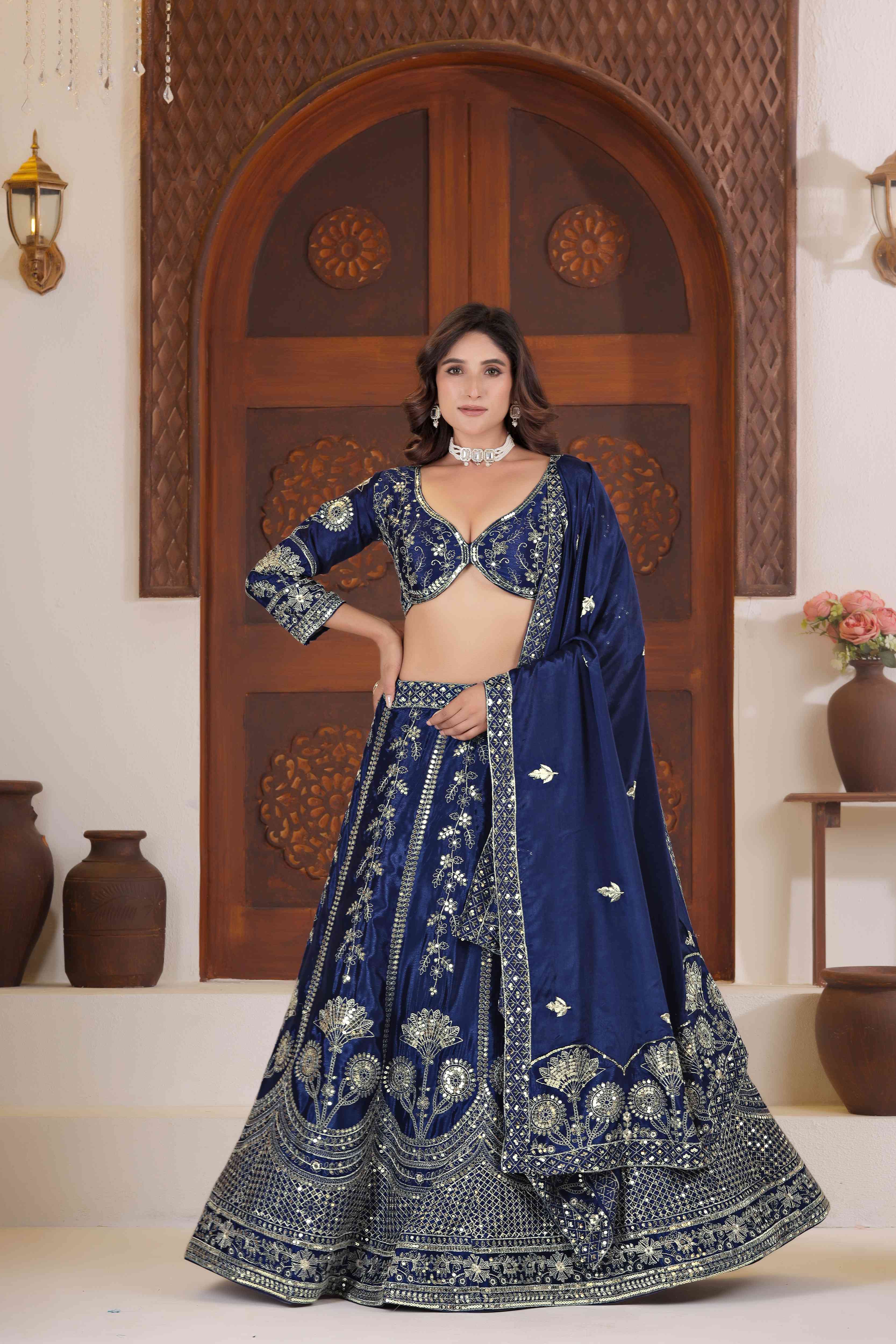 Embellished Navy blue Chinon Silk Zari Designer Wedding Wear Lehenga Choli With Dupatta