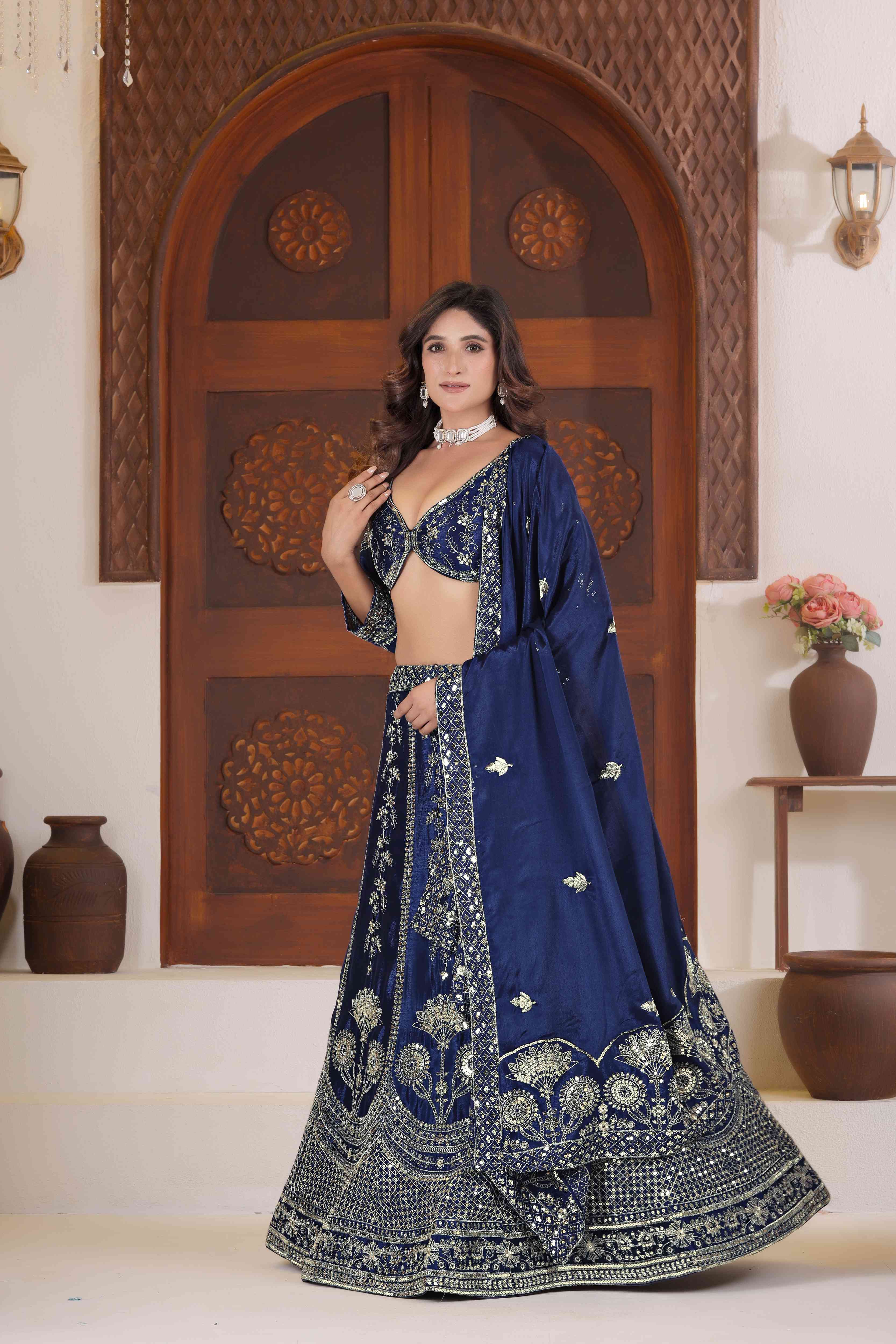Embellished Navy blue Chinon Silk Zari Designer Wedding Wear Lehenga Choli With Dupatta