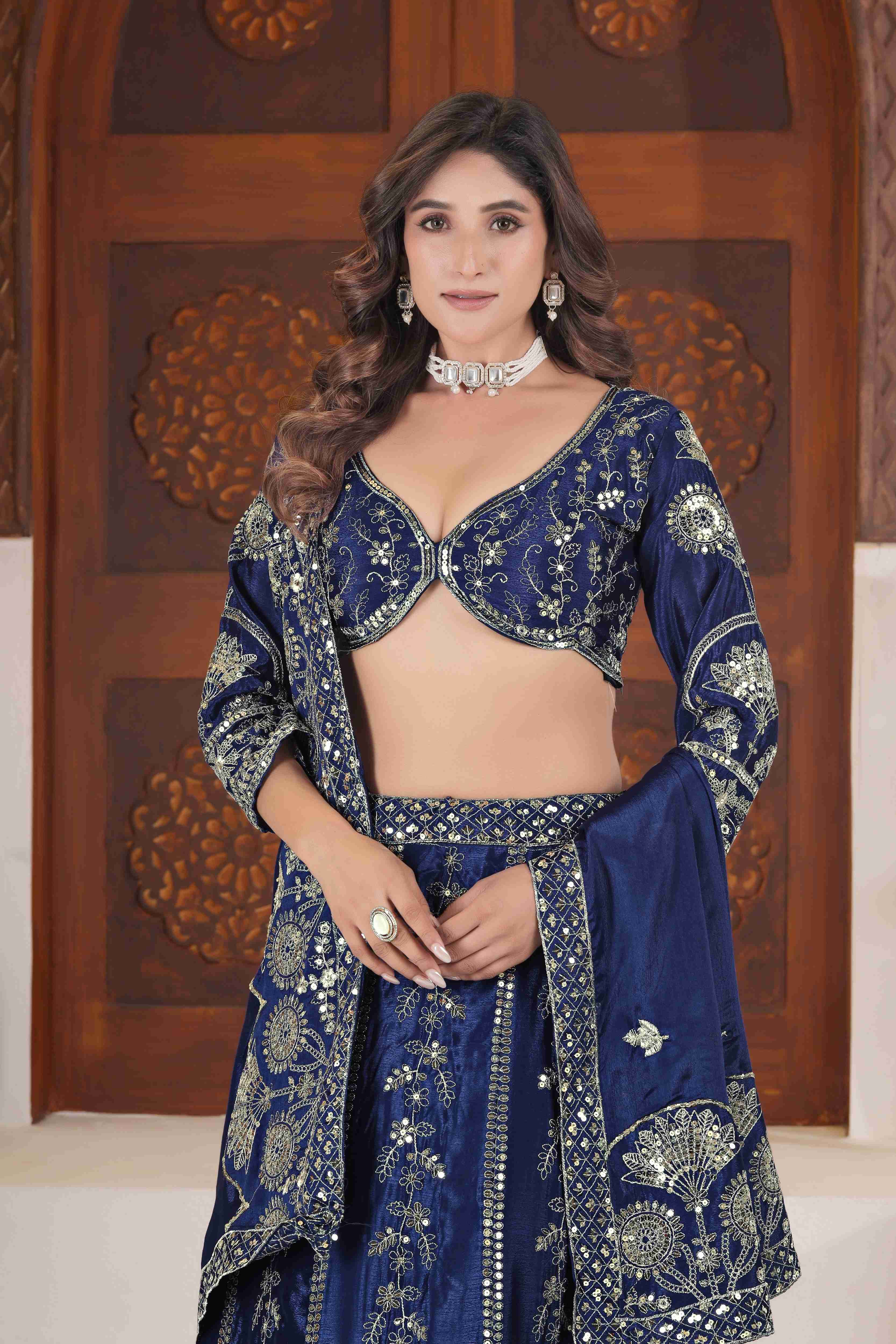 Embellished Navy blue Chinon Silk Zari Designer Wedding Wear Lehenga Choli With Dupatta