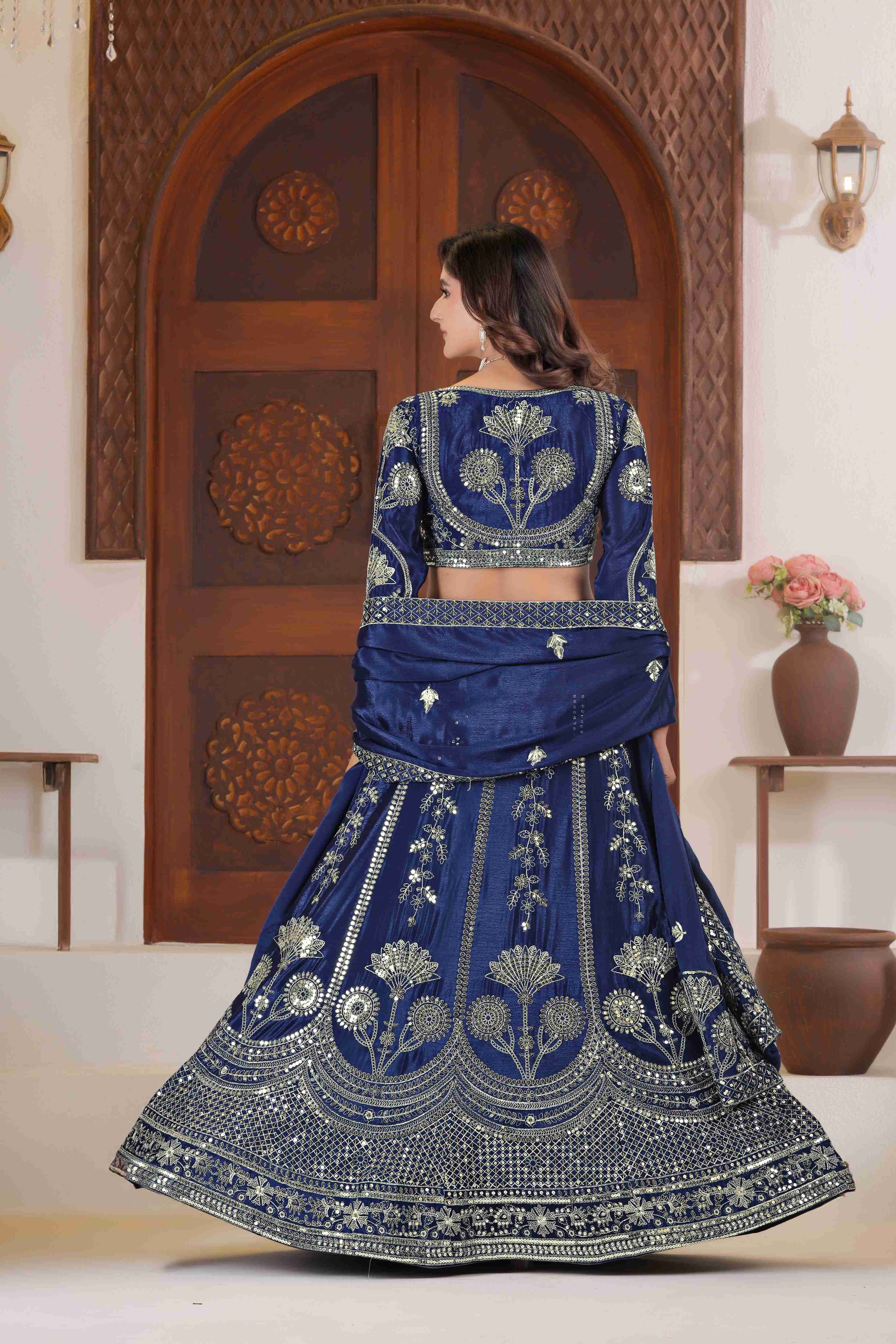 Embellished Navy blue Chinon Silk Zari Designer Wedding Wear Lehenga Choli With Dupatta