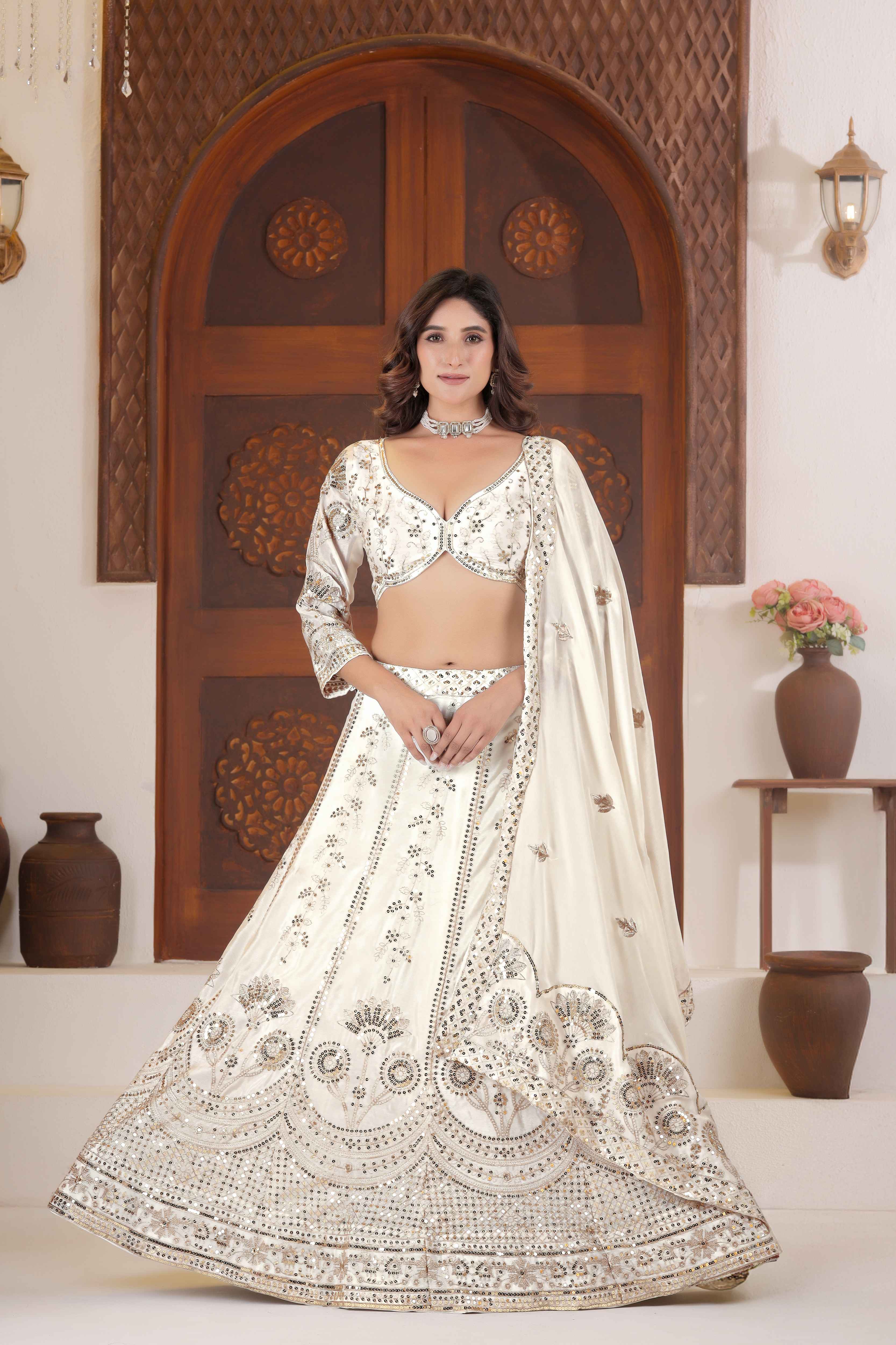 Ivory White Chinon Silk Silver Zari Designer Bridal Wear Lehenga Choli With Dupatta