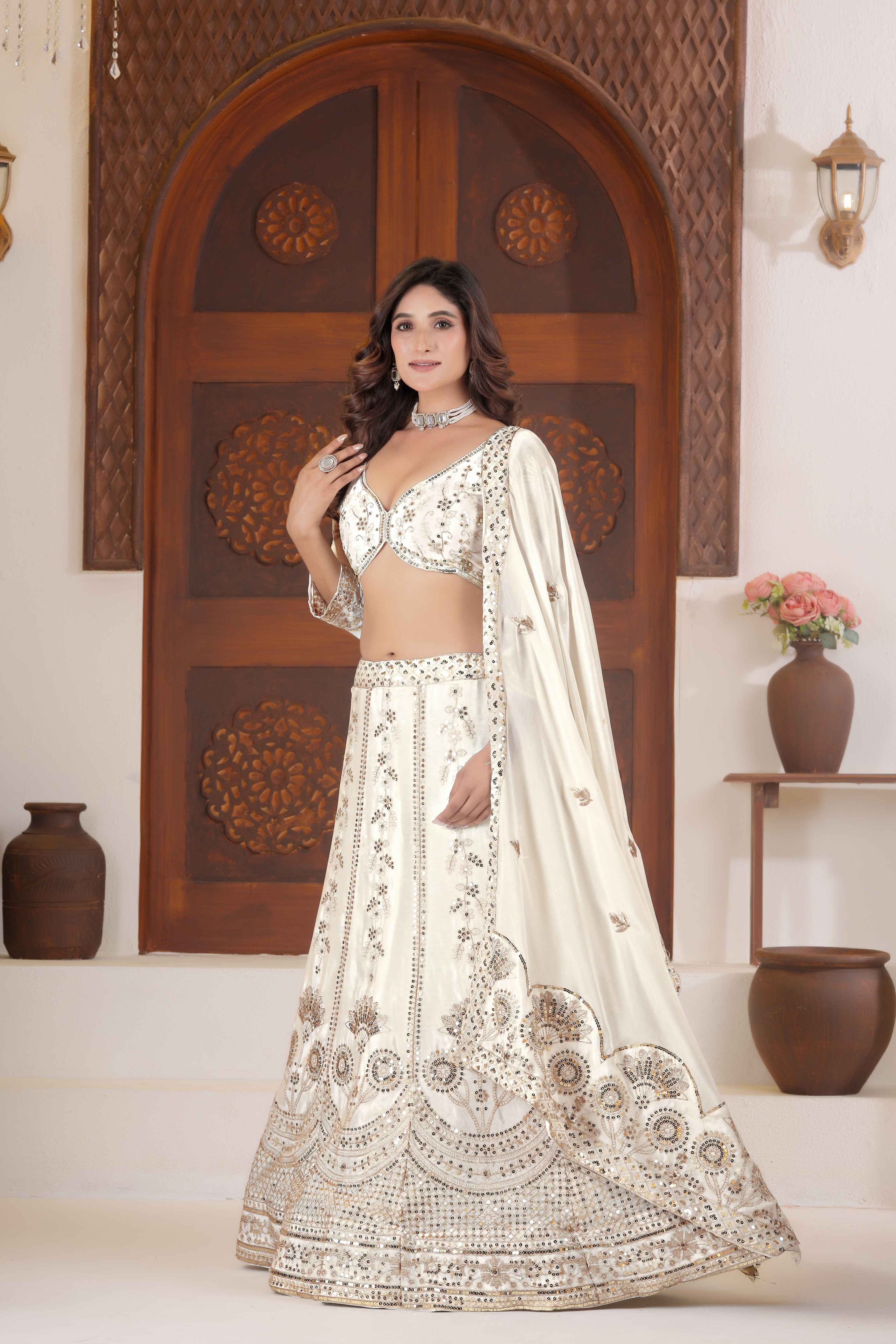 Ivory White Chinon Silk Silver Zari Designer Bridal Wear Lehenga Choli With Dupatta