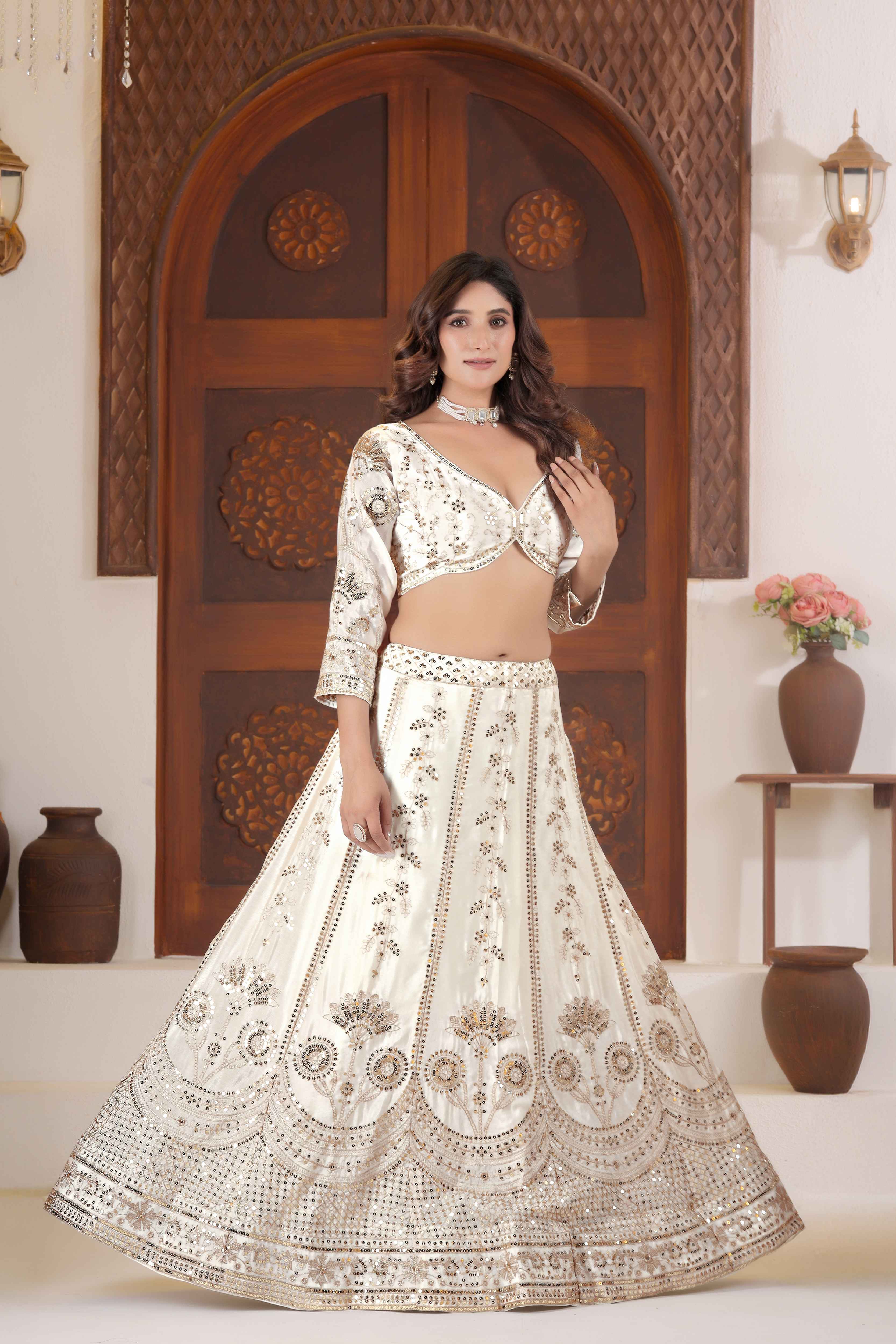 Ivory White Chinon Silk Silver Zari Designer Bridal Wear Lehenga Choli With Dupatta