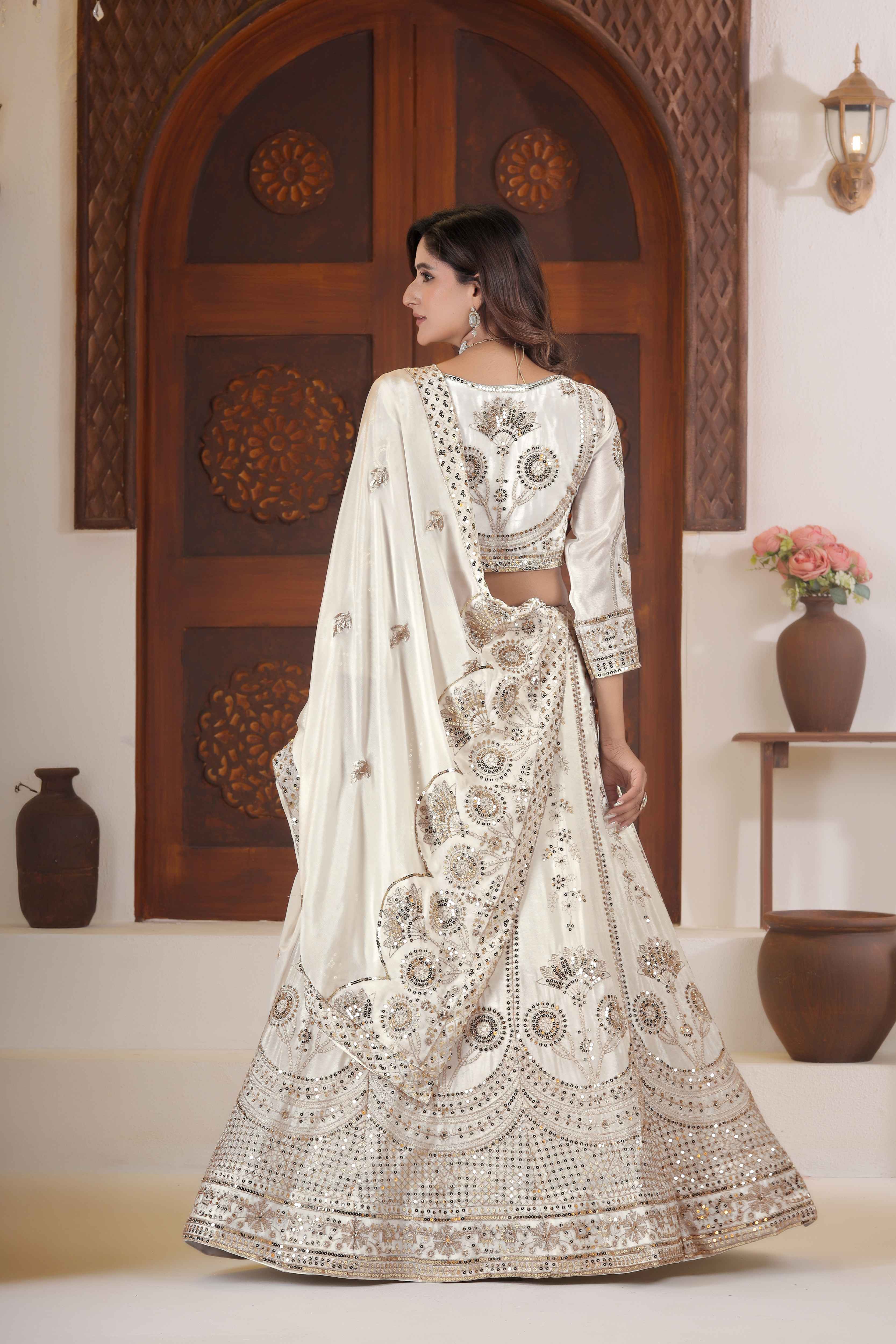 Ivory White Chinon Silk Silver Zari Designer Bridal Wear Lehenga Choli With Dupatta