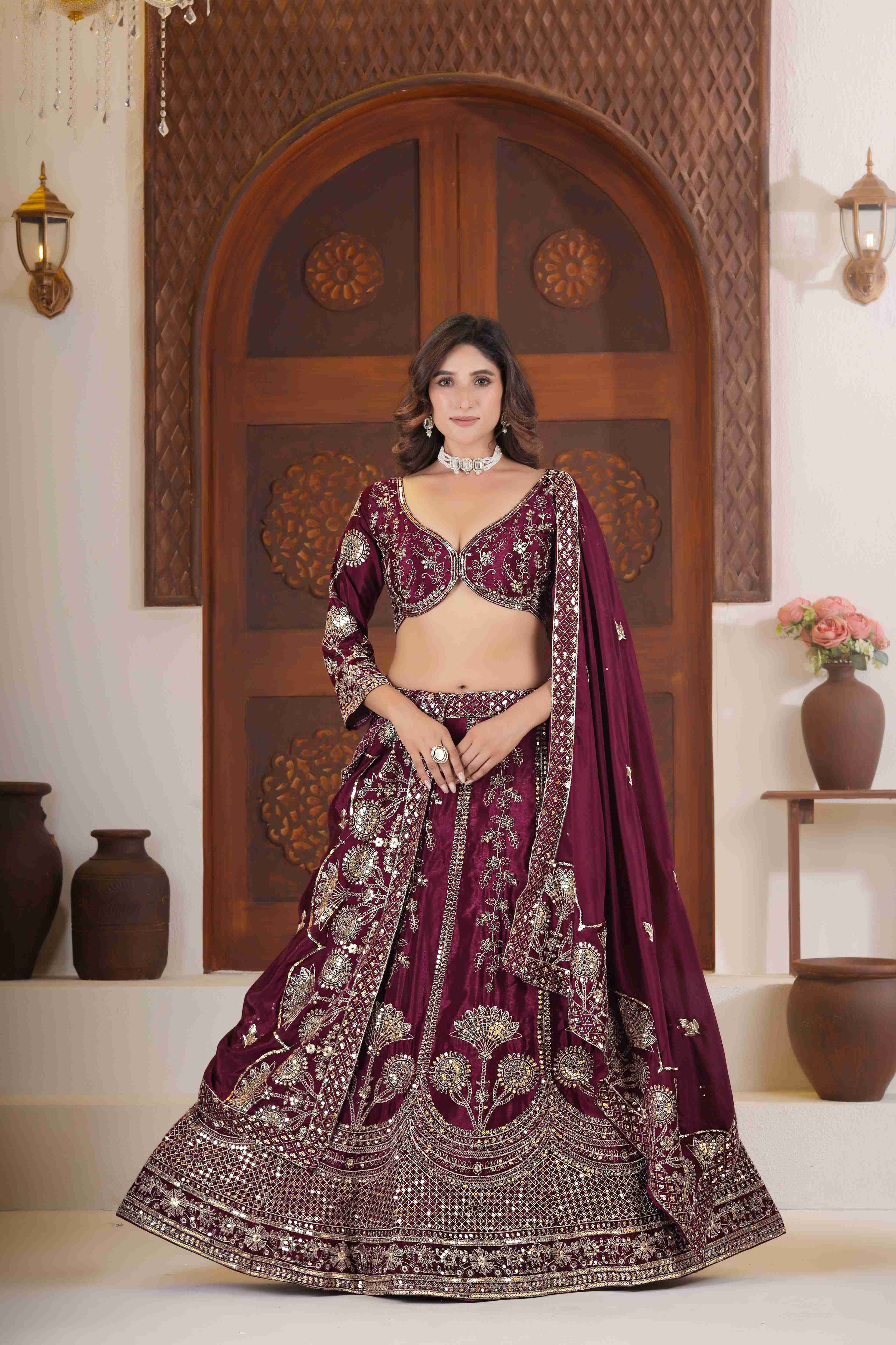 Gorgeous Wine Chinon Silk Zari Designer Wedding Wear Lehenga Choli With Dupatta