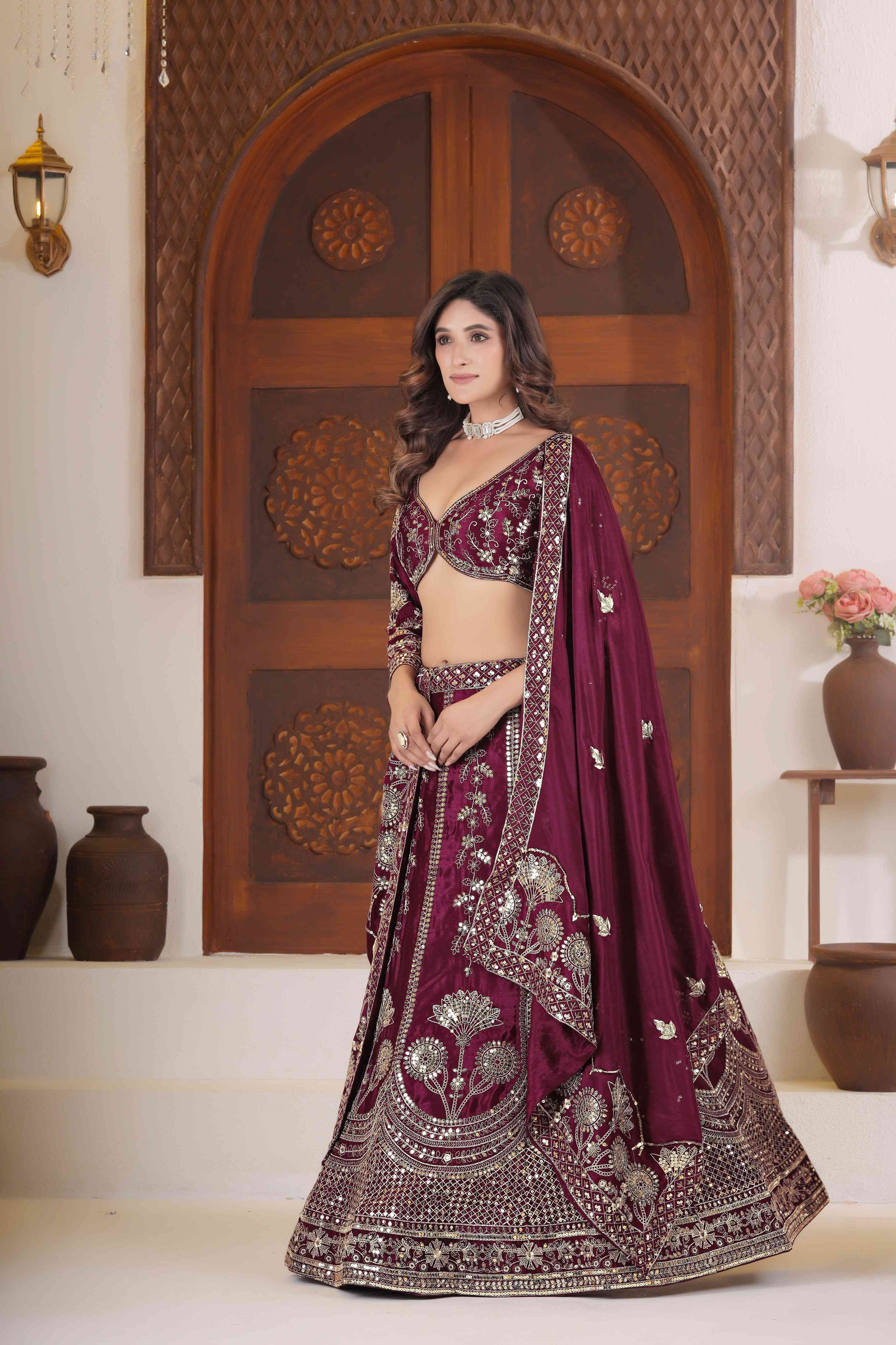 Gorgeous Wine Chinon Silk Zari Designer Wedding Wear Lehenga Choli With Dupatta