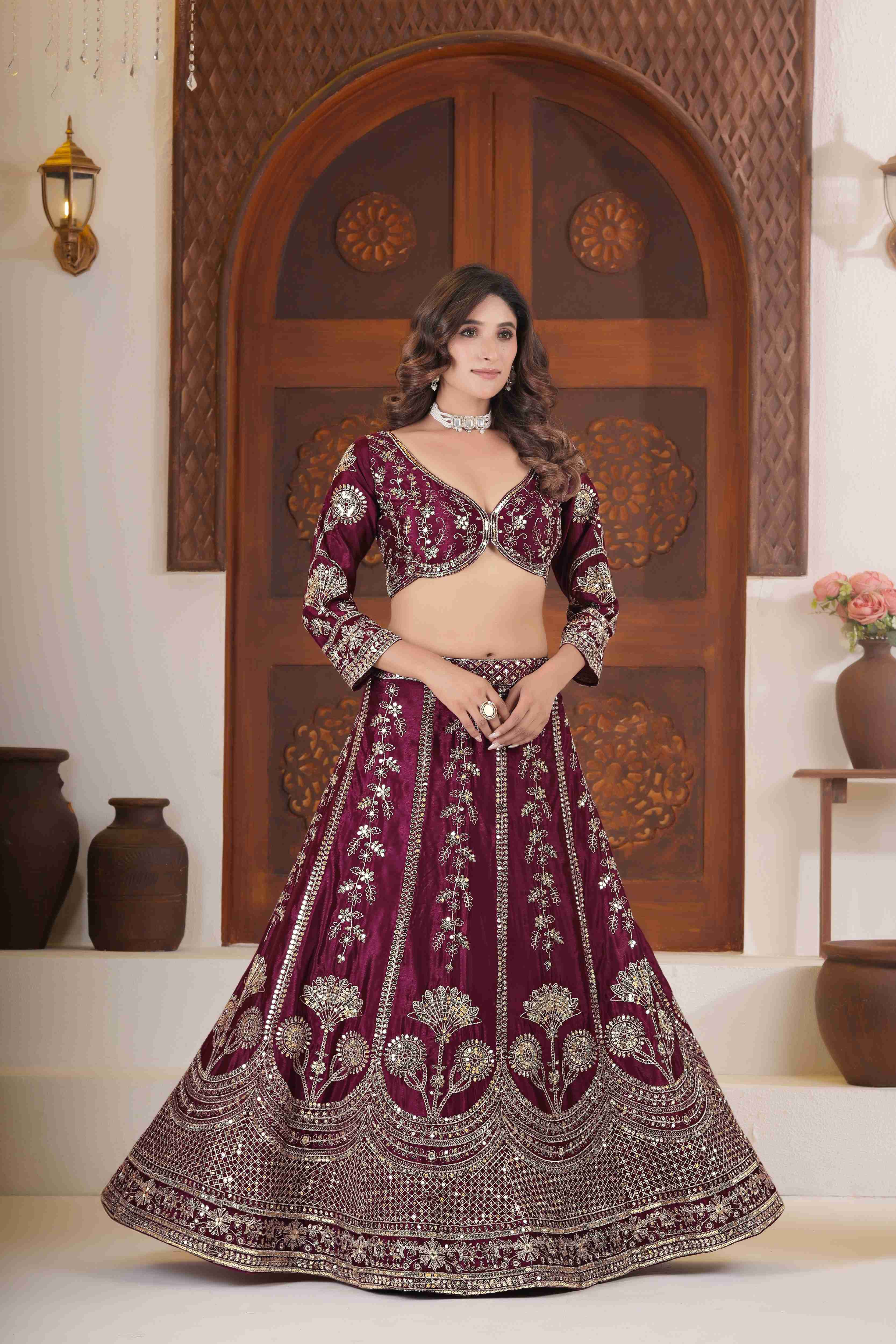 Gorgeous Wine Chinon Silk Zari Designer Wedding Wear Lehenga Choli With Dupatta