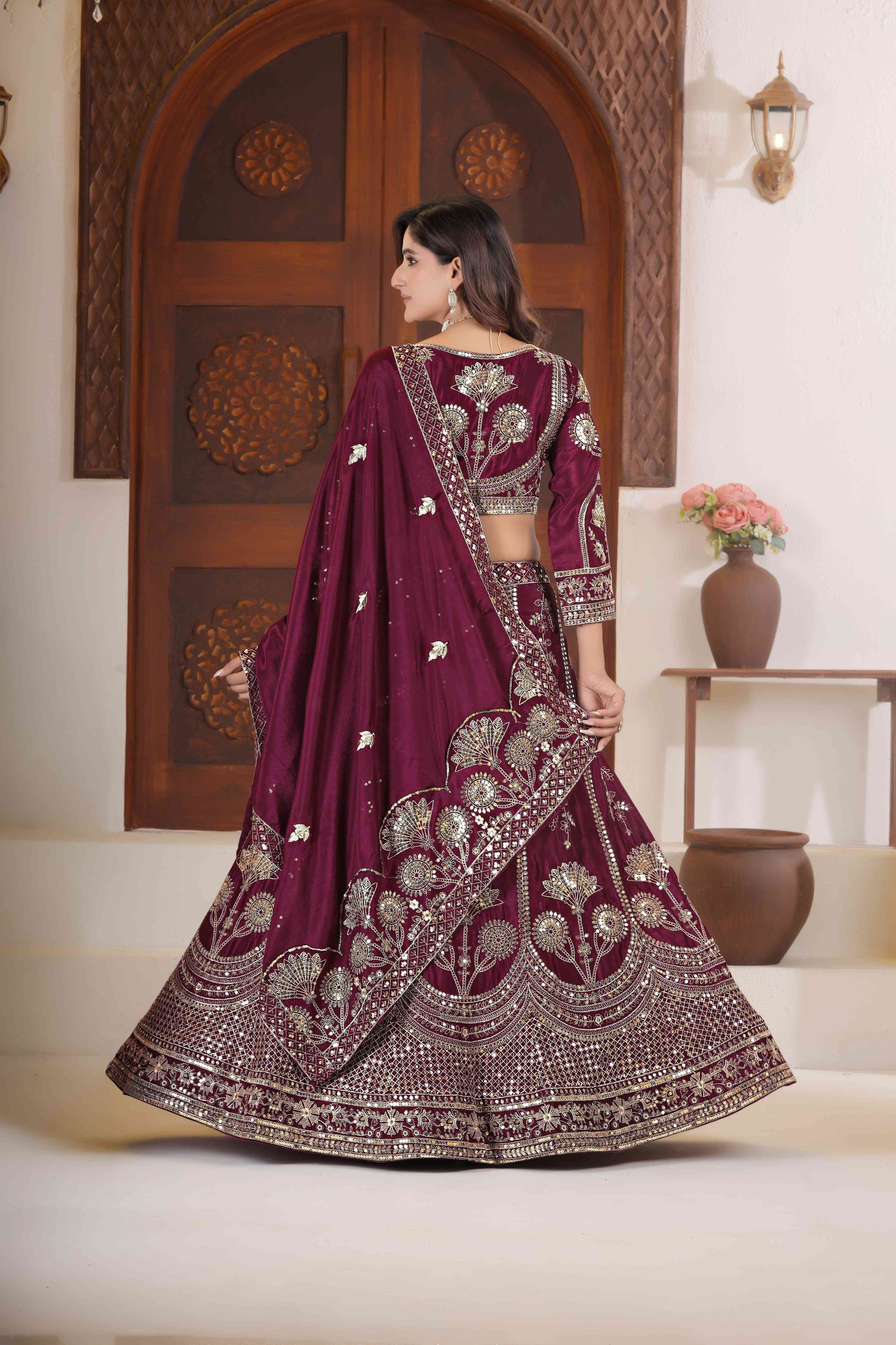 Gorgeous Wine Chinon Silk Zari Designer Wedding Wear Lehenga Choli With Dupatta