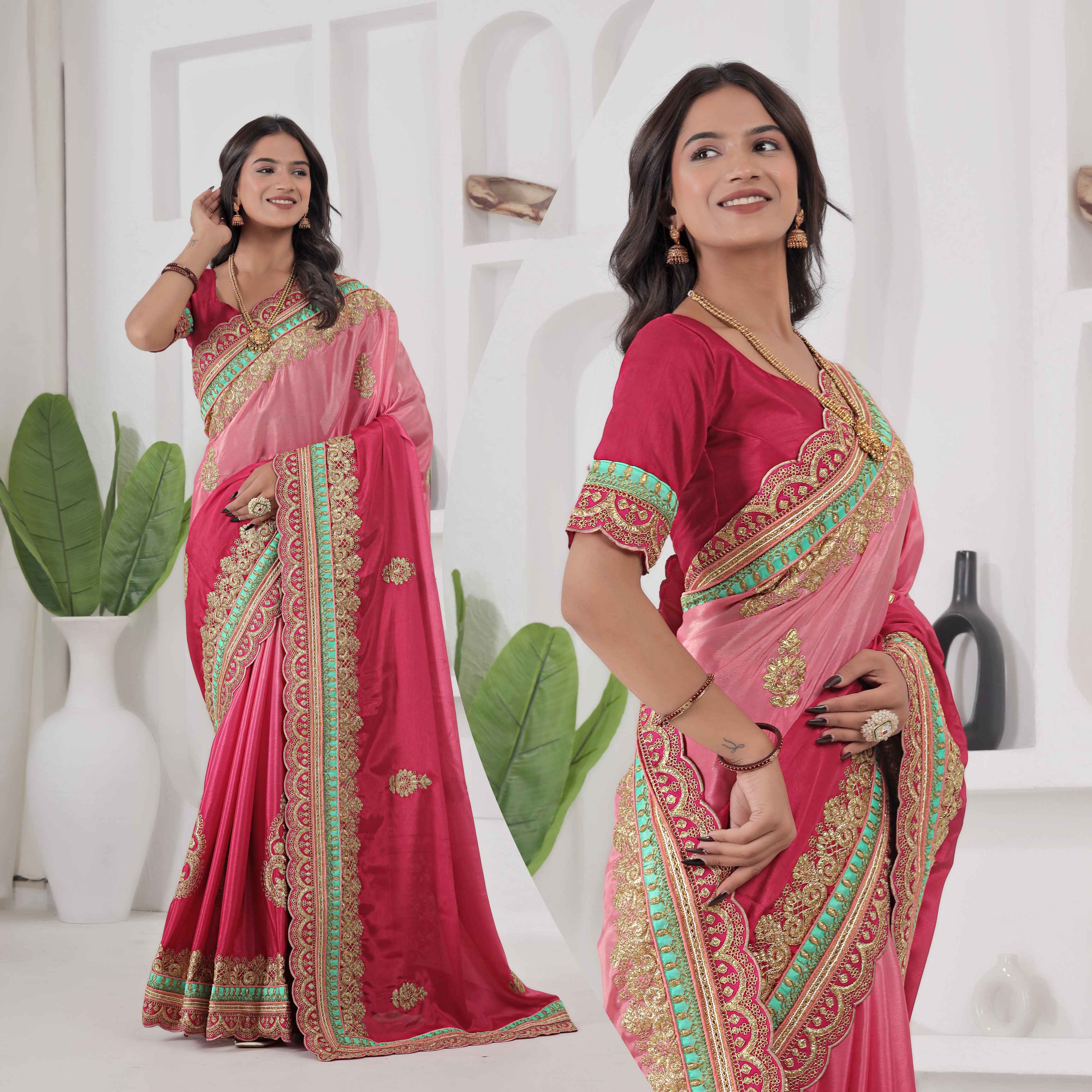 Crazy Radiant Pink Chinon Silk Embroidery Codding With Lace Border Wedding Wear Saree