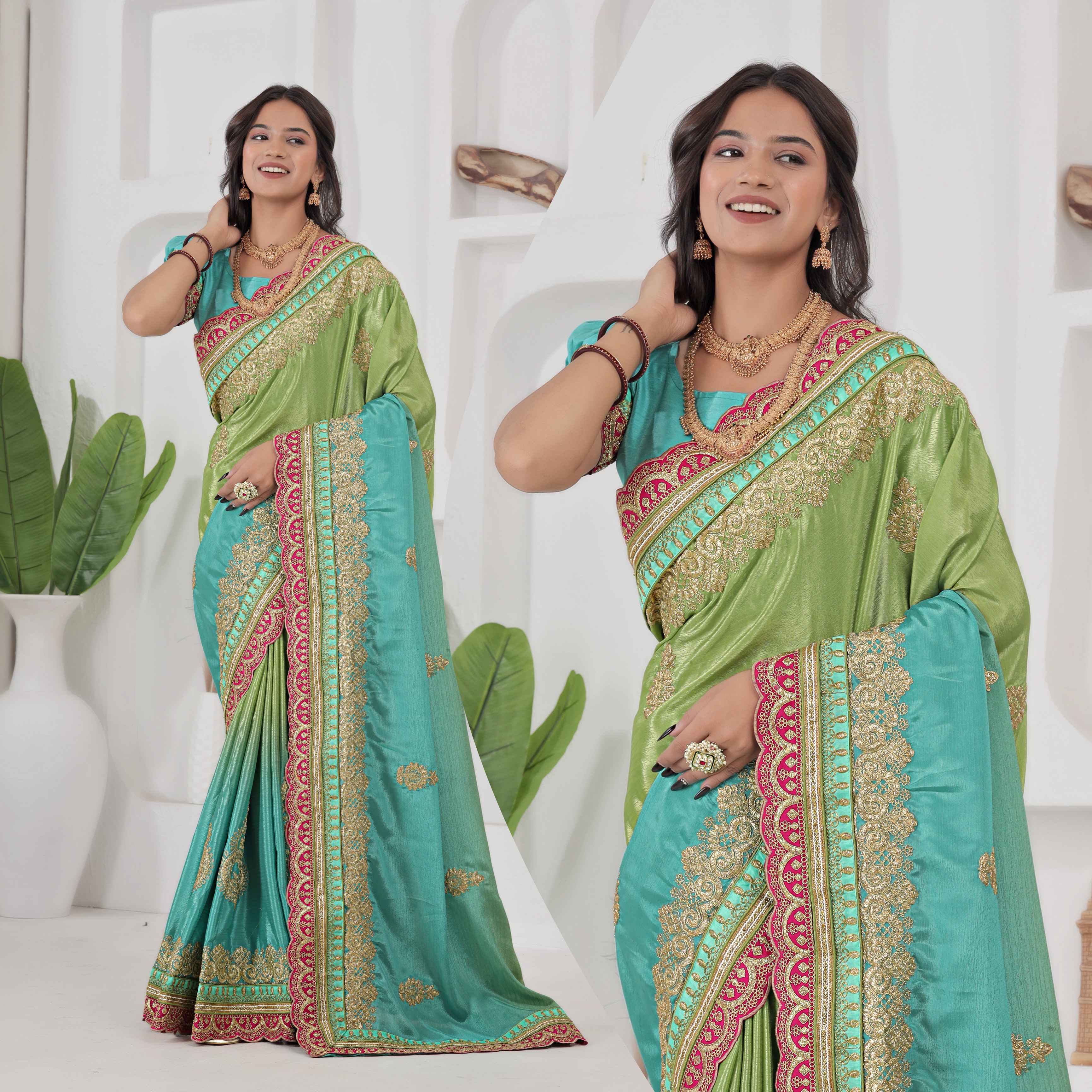 Awesome Green And Teal Chinon Silk Embroidery Codding With Lace Border Wedding Wear Saree