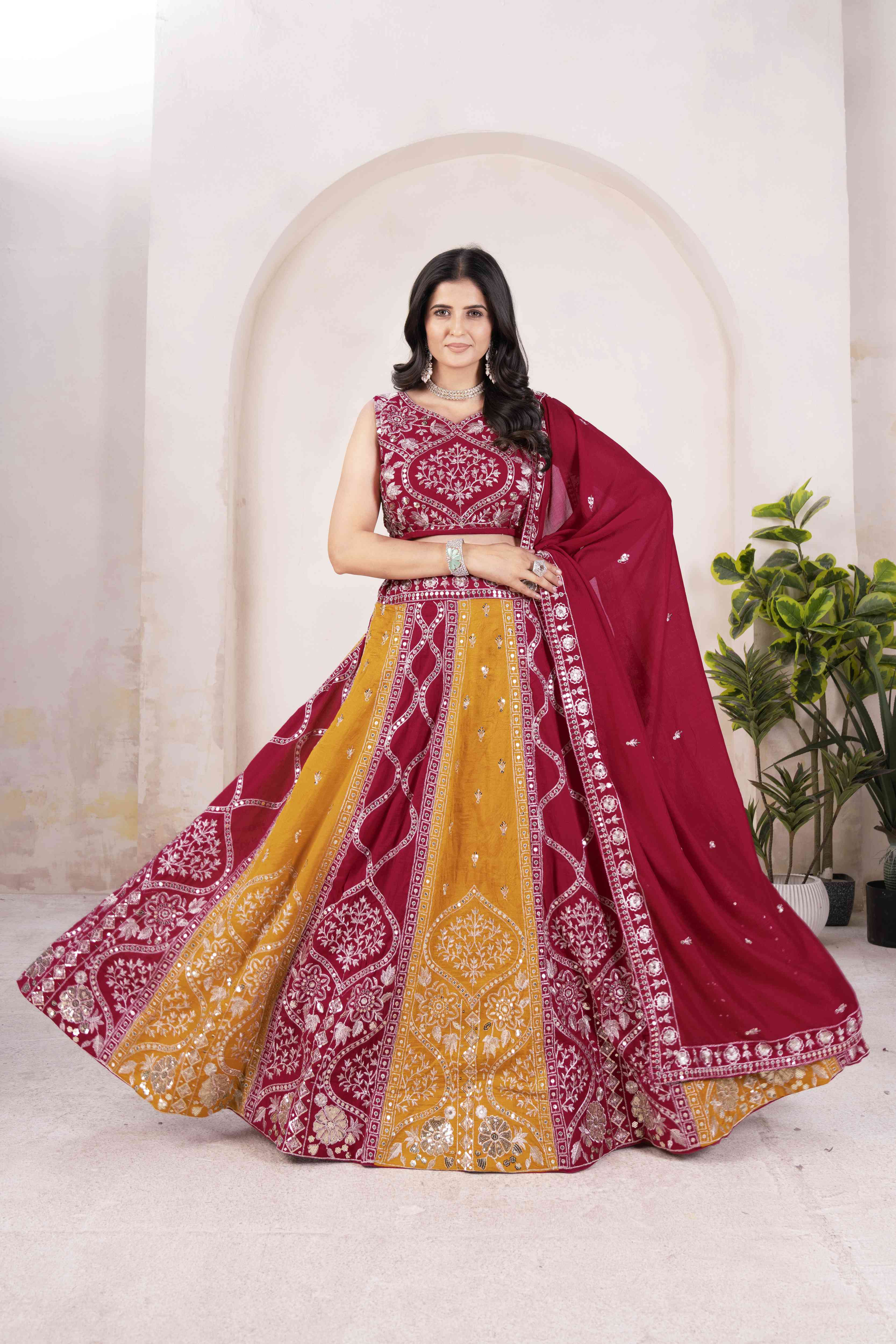 Radaiont Charm Vichitra Silk Mustard Haldi Wear Embroidery Designer Lehnega Choli With Dupatta