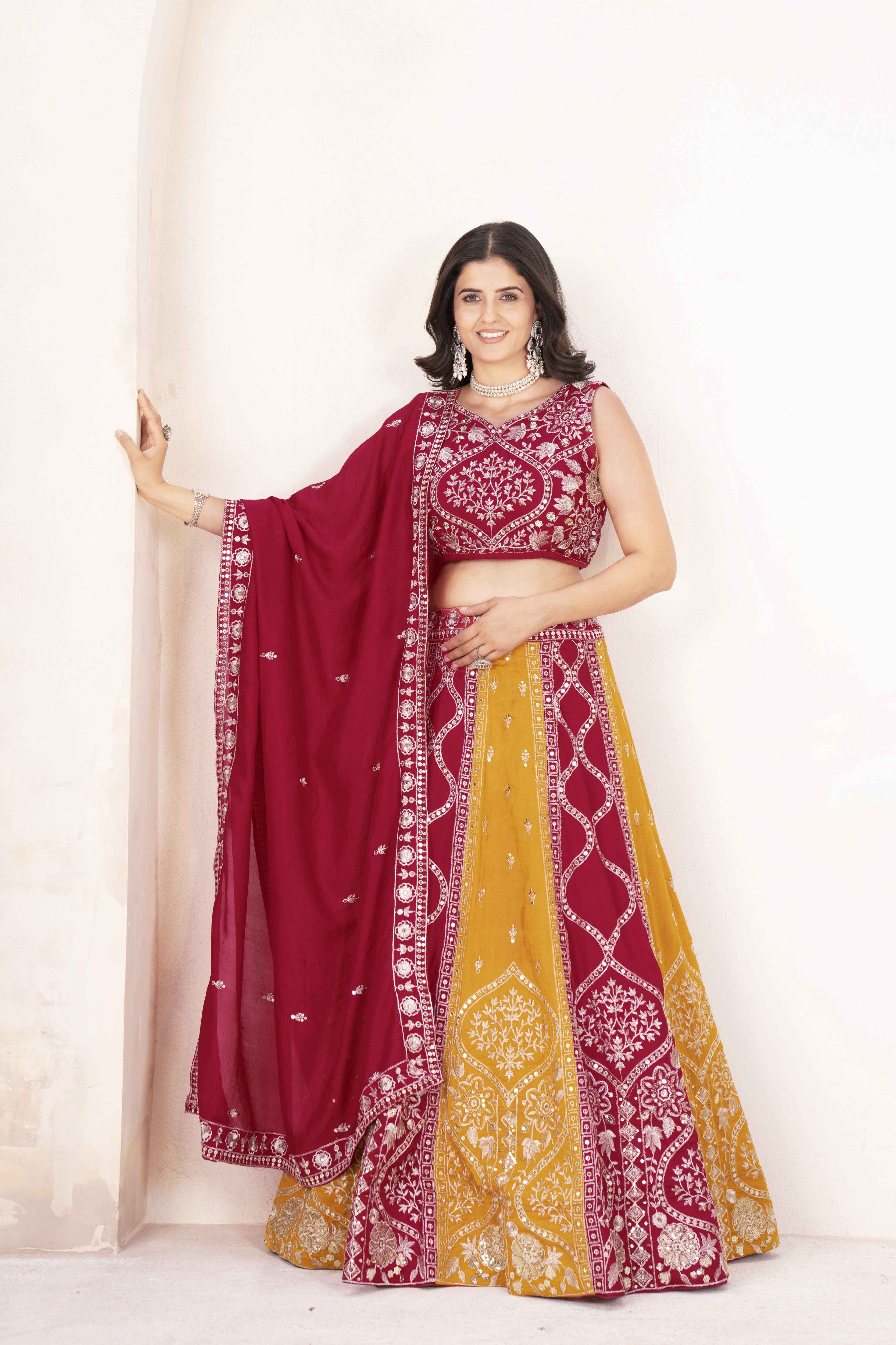 Radaiont Charm Vichitra Silk Mustard Haldi Wear Embroidery Designer Lehnega Choli With Dupatta