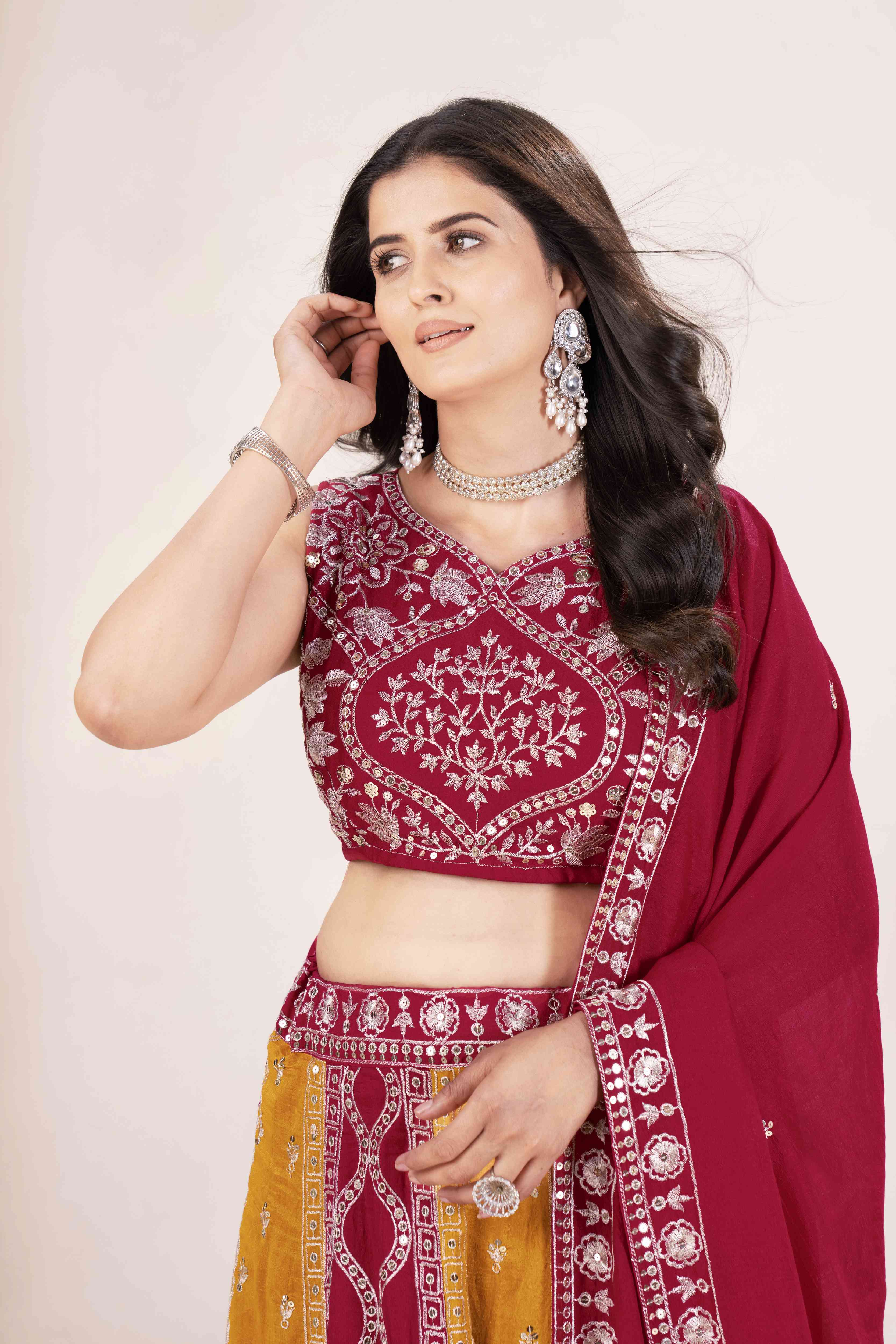 Radaiont Charm Vichitra Silk Mustard Haldi Wear Embroidery Designer Lehnega Choli With Dupatta