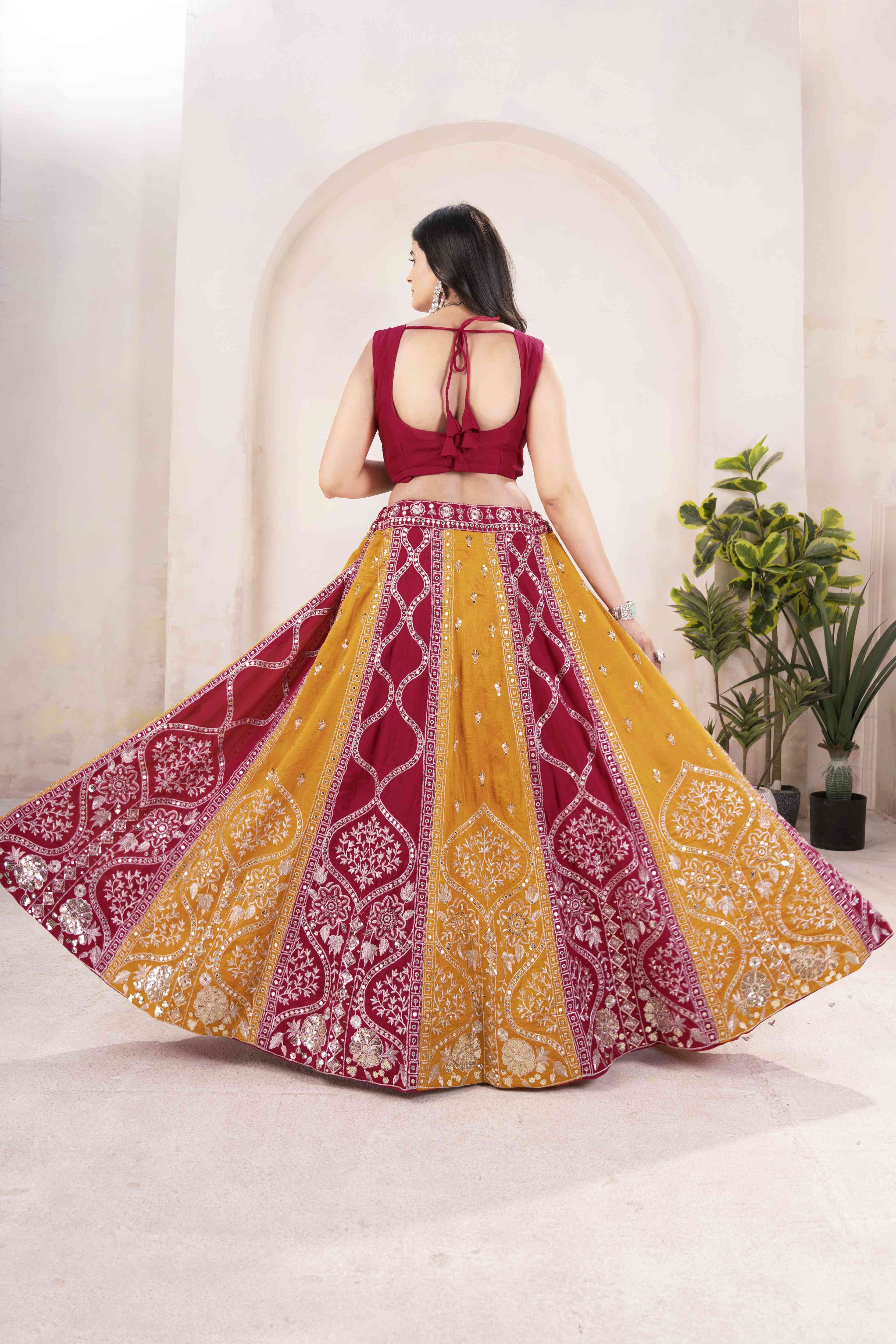 Radaiont Charm Vichitra Silk Mustard Haldi Wear Embroidery Designer Lehnega Choli With Dupatta