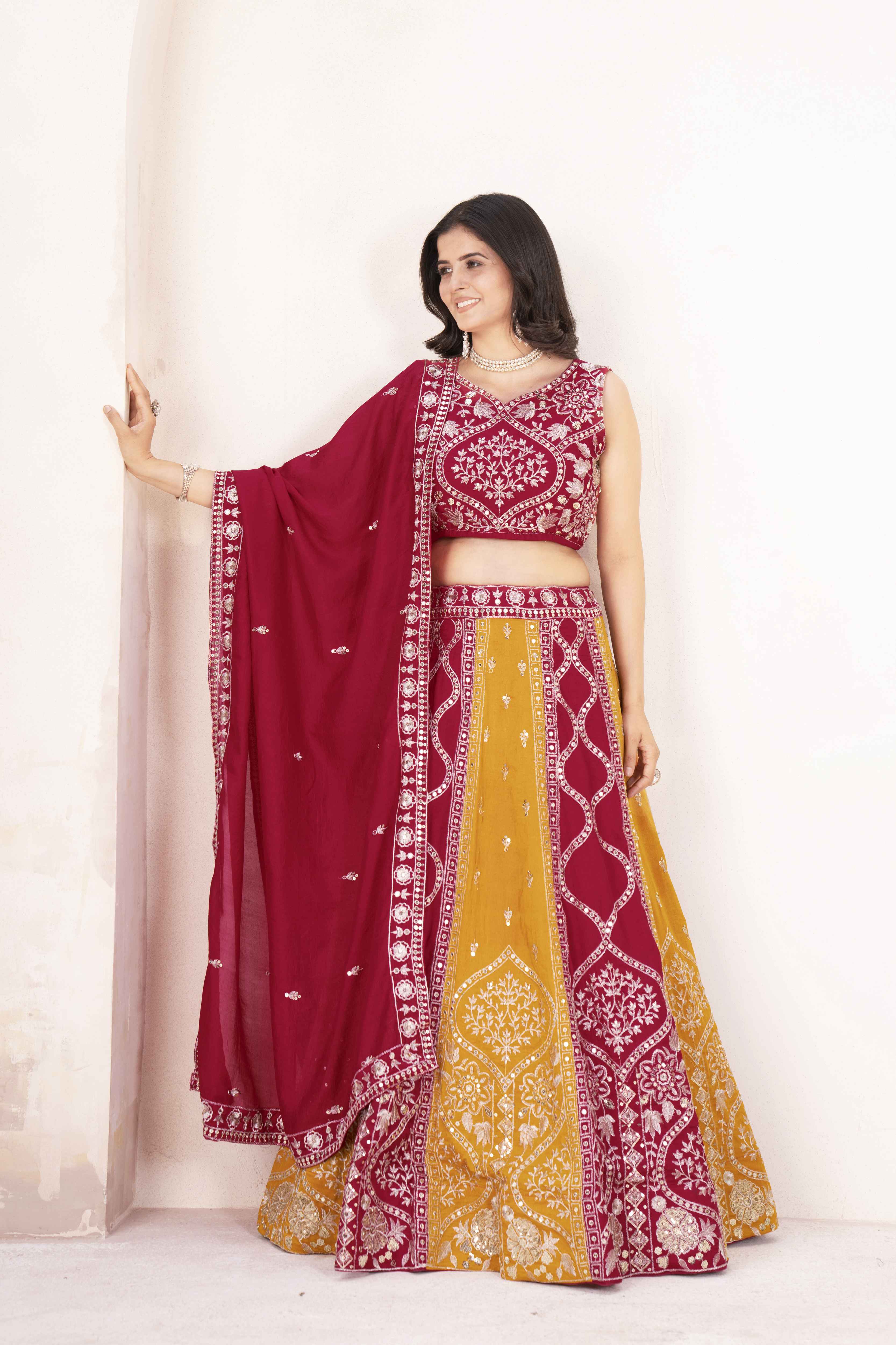 Radaiont Charm Vichitra Silk Mustard Haldi Wear Embroidery Designer Lehnega Choli With Dupatta