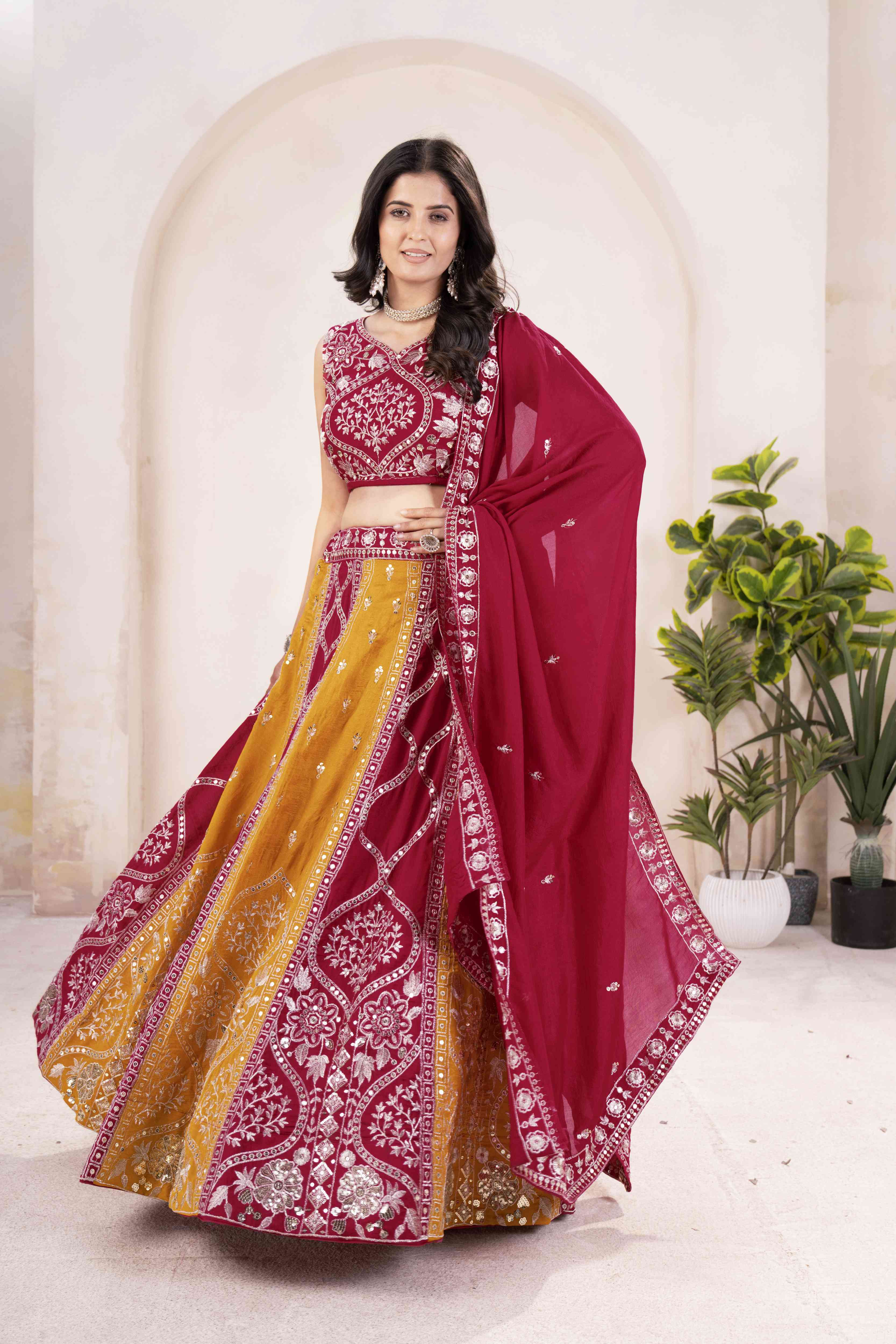 Radaiont Charm Vichitra Silk Mustard Haldi Wear Embroidery Designer Lehnega Choli With Dupatta