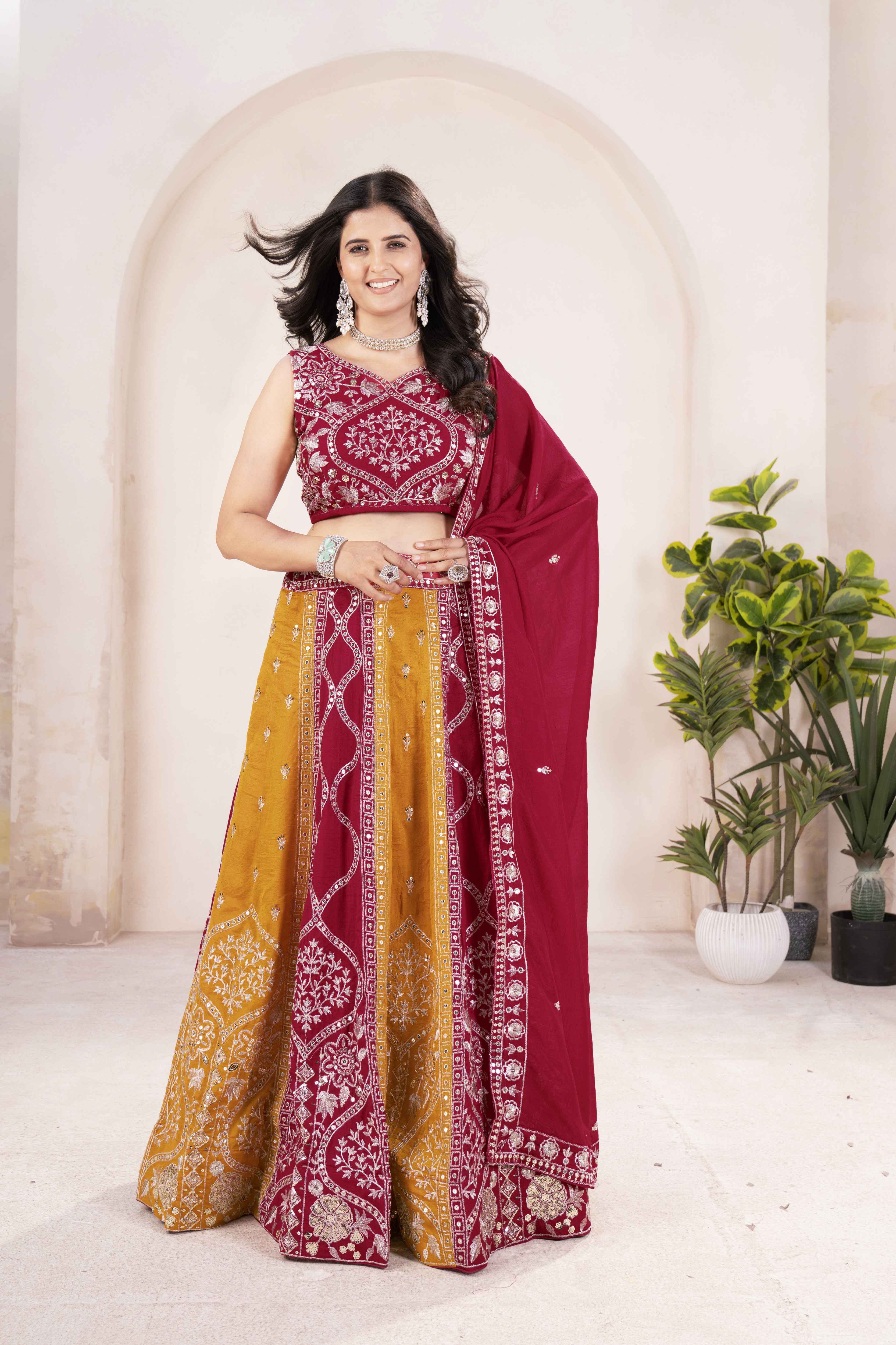 Radaiont Charm Vichitra Silk Mustard Haldi Wear Embroidery Designer Lehnega Choli With Dupatta