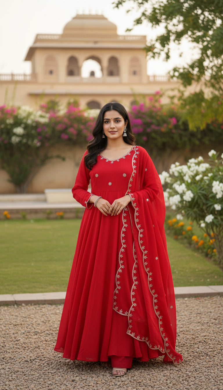 Timeless Red Embroidery Sequence Designer Traditional Wear Anarkali Gown Pant With Dupatta