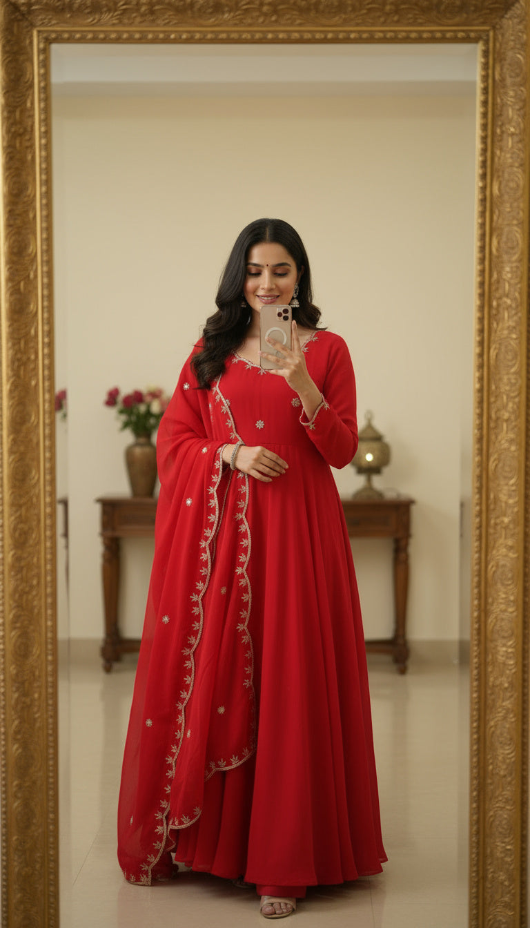 Timeless Red Embroidery Sequence Designer Traditional Wear Anarkali Gown Pant With Dupatta