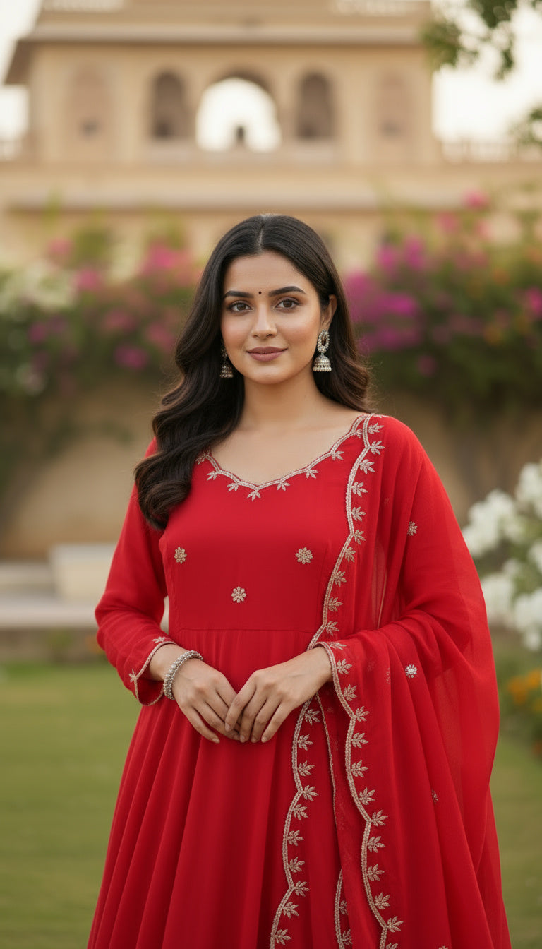 Timeless Red Embroidery Sequence Designer Traditional Wear Anarkali Gown Pant With Dupatta
