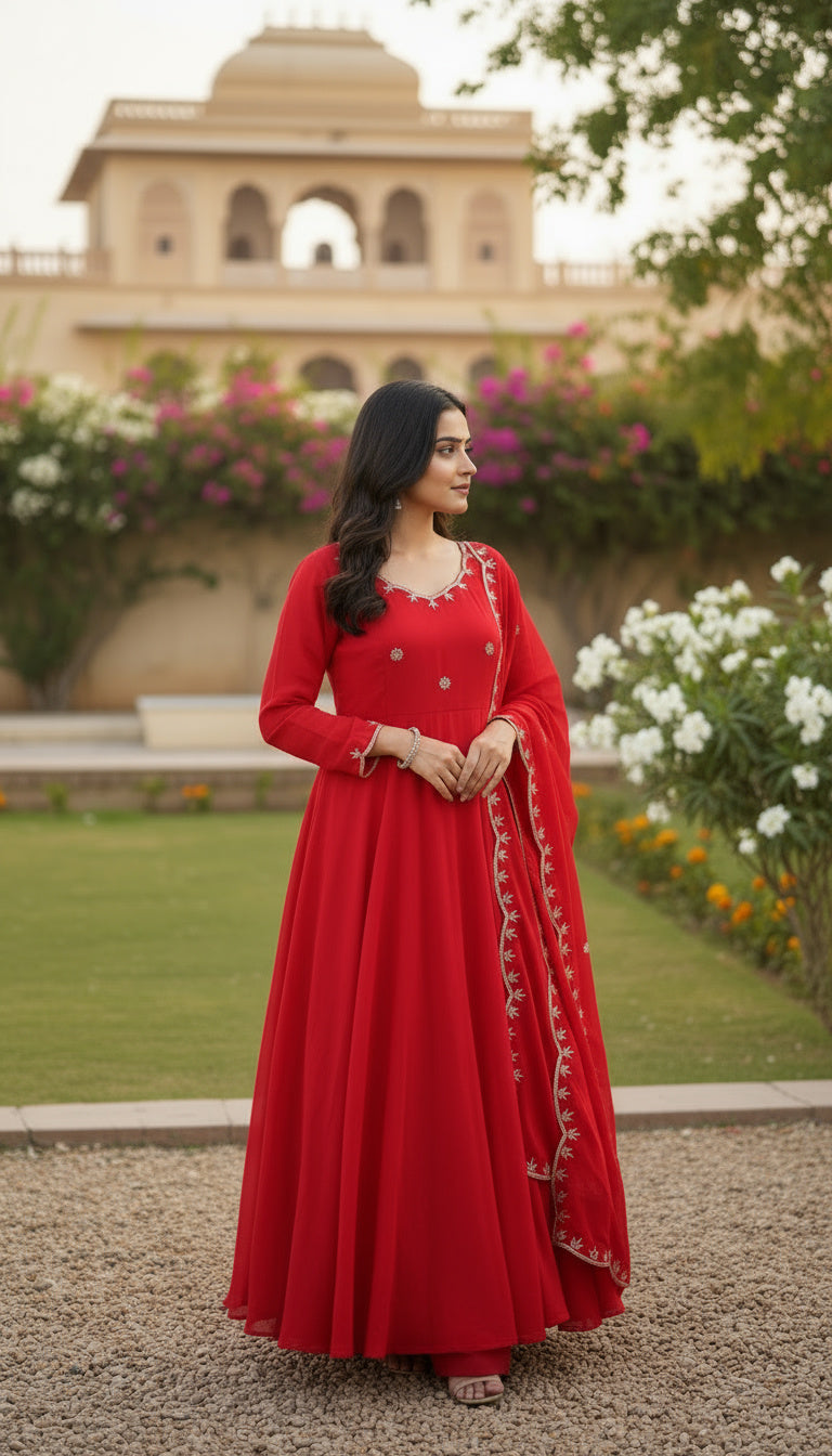 Timeless Red Embroidery Sequence Designer Traditional Wear Anarkali Gown Pant With Dupatta