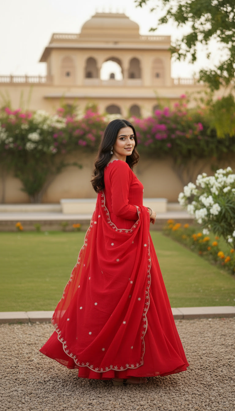 Timeless Red Embroidery Sequence Designer Traditional Wear Anarkali Gown Pant With Dupatta