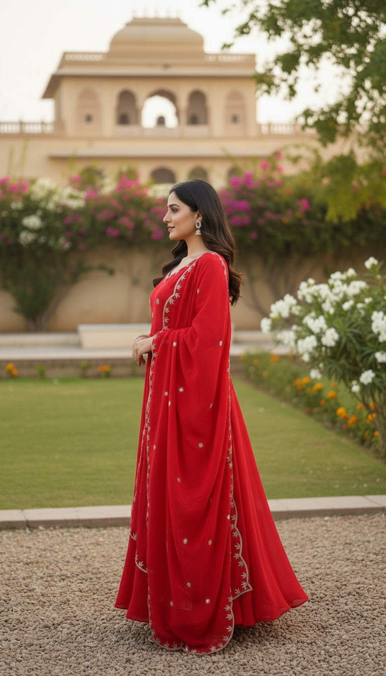 Timeless Red Embroidery Sequence Designer Traditional Wear Anarkali Gown Pant With Dupatta